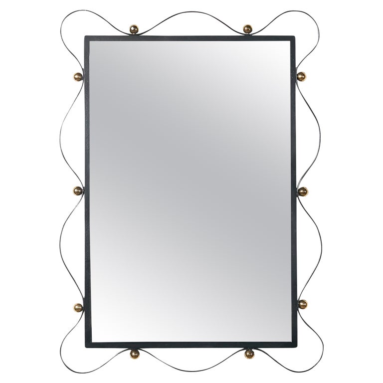 French Rectangular Wall Mirror with Ribbon Metal Frame and Bronze Bolts
