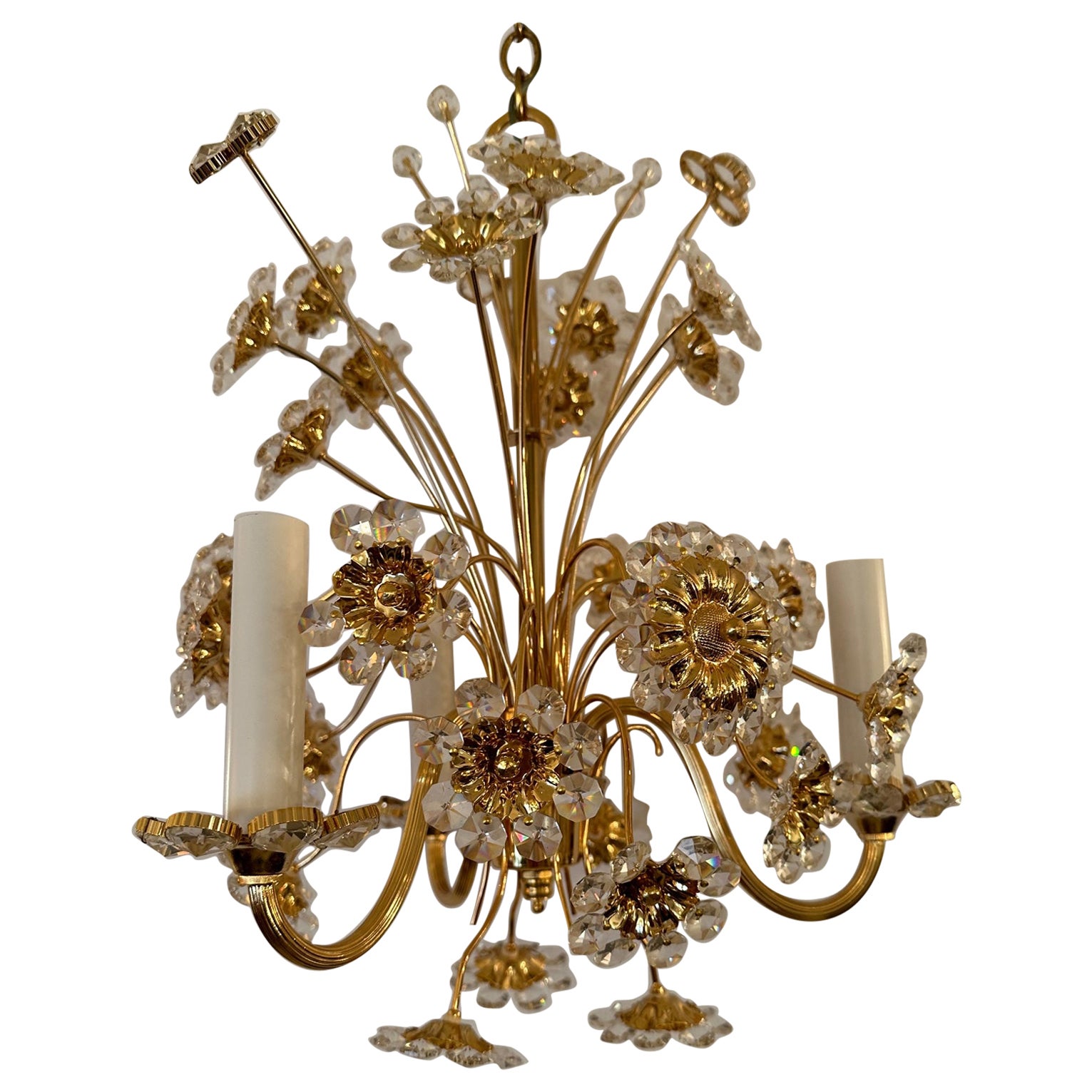 Glistening German Jewel 24 Carat Gold Plated & Crystal Flower Chandelier For Sale