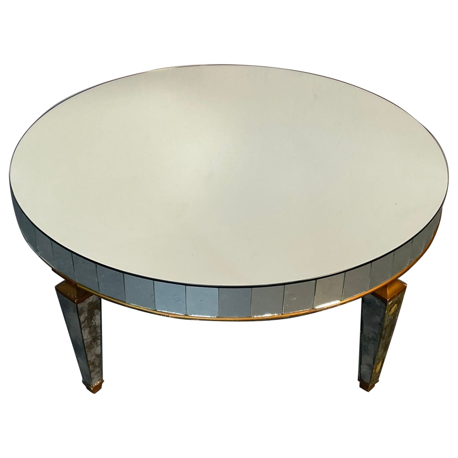 Art Deco Style Mirrored Circular Coffee / Cocktail / Low Table, Distressed For Sale