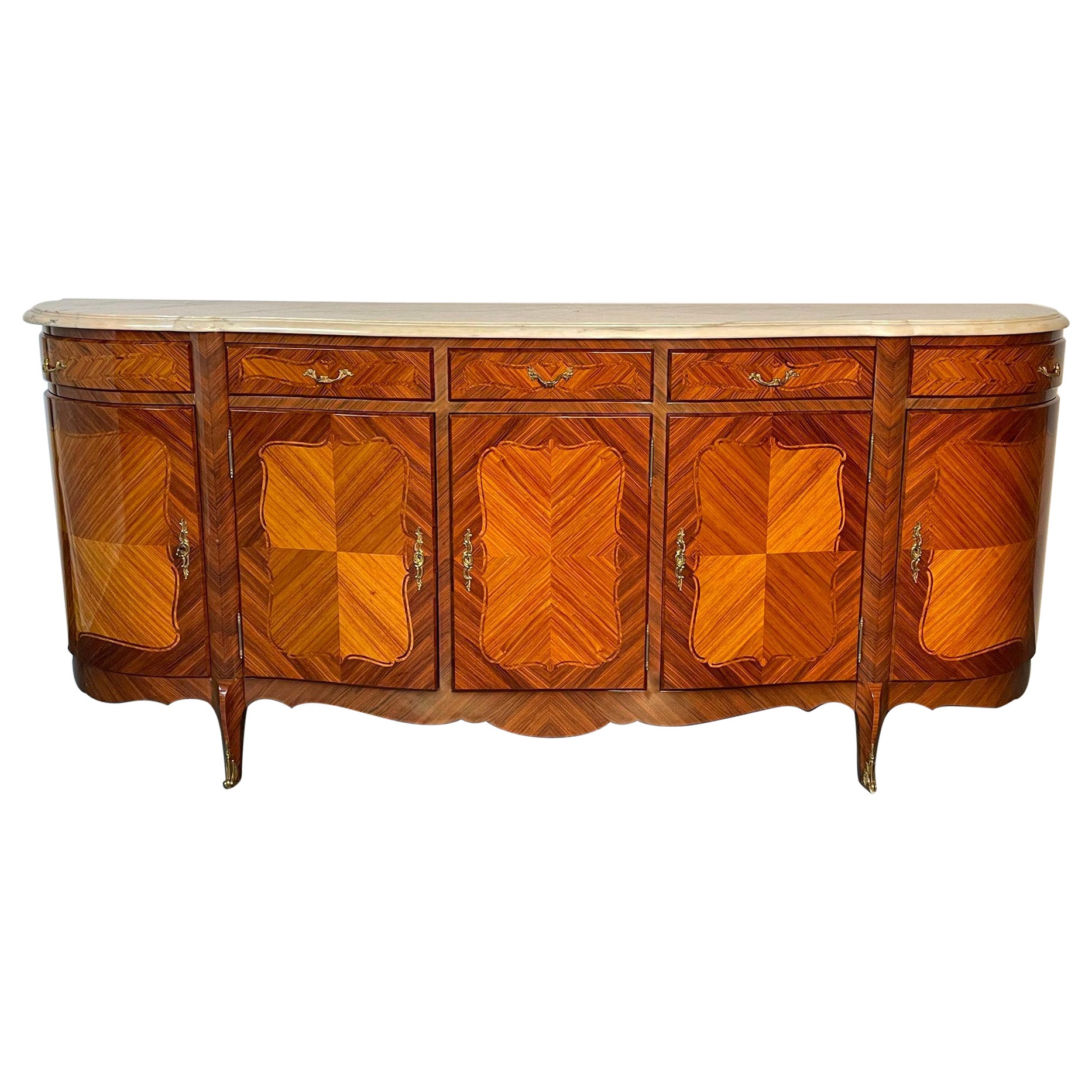 Louis XV Style Rosewood Inlaid Sideboard, Credenza, Cabinet, Bronze Mounted For Sale