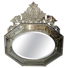 Antique Large French Venetian Style Wall / Console Mirror, Floral Etched Glass, Beveled