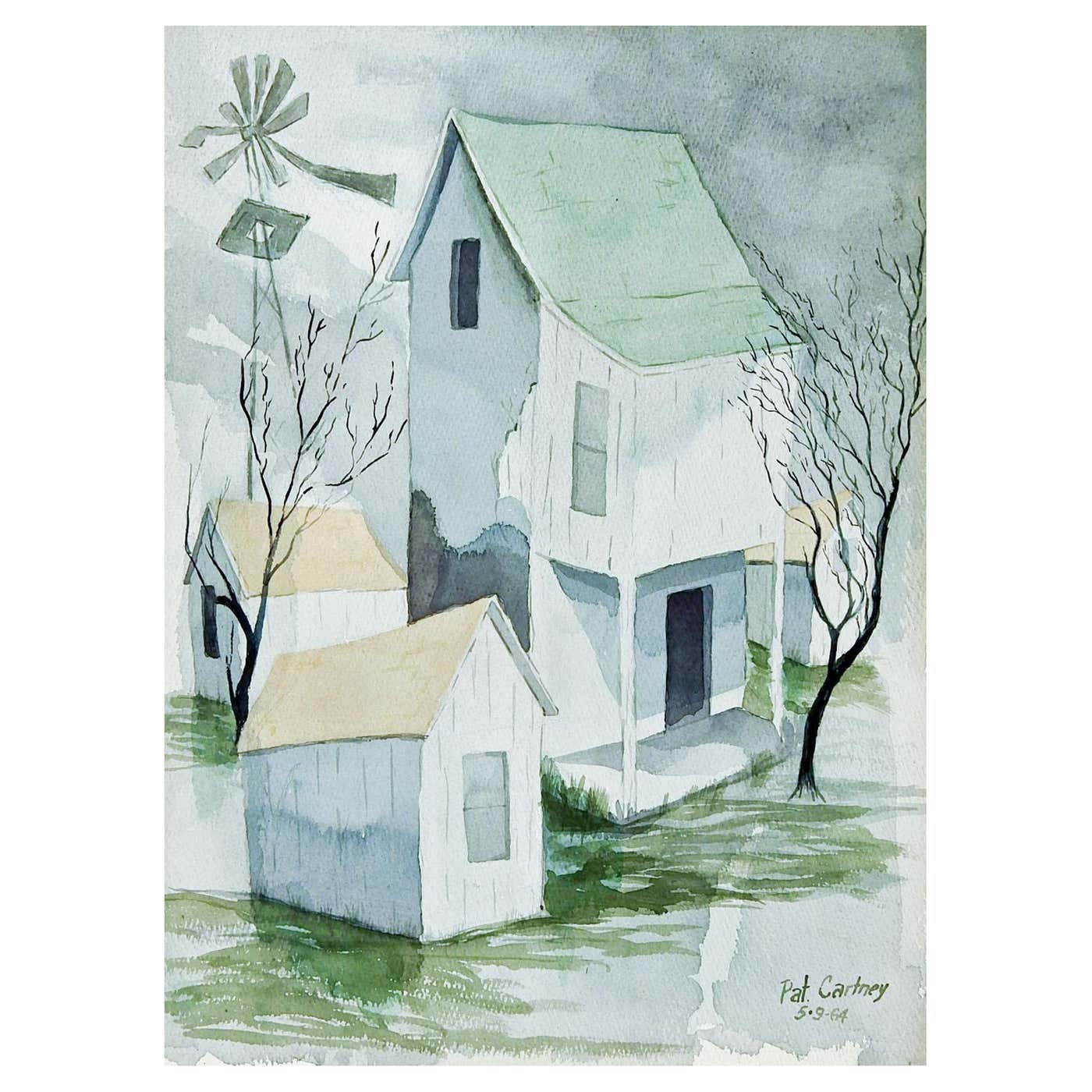 Modernist Midcentury Rustic Farmhouse Watercolor Painting For Sale at ...