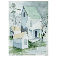 Modernist Midcentury Rustic Farmhouse Watercolor Painting