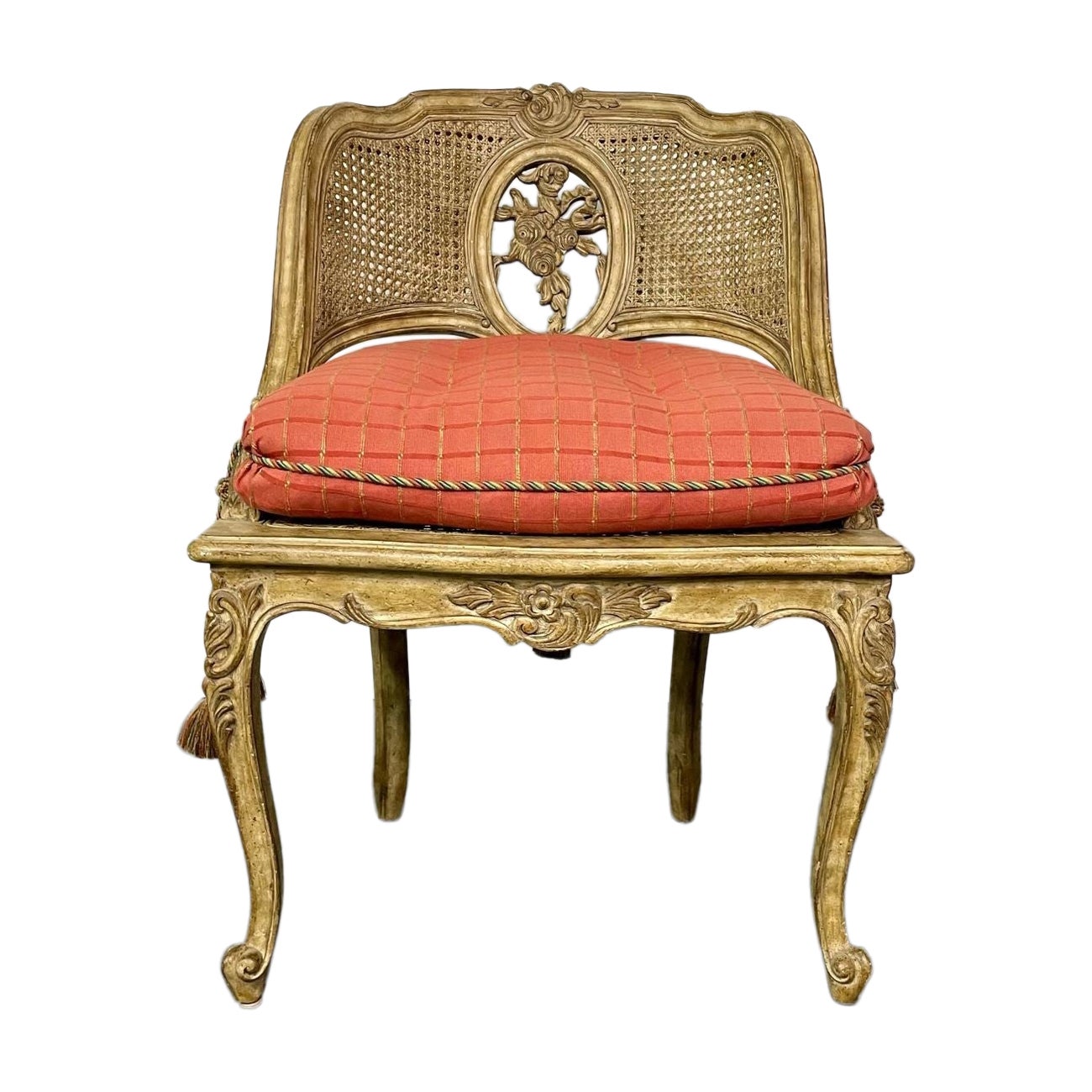 Louis XV Style Boudoir Chair, Vanity or Hall Chair, Tufted Pillow and Tassels