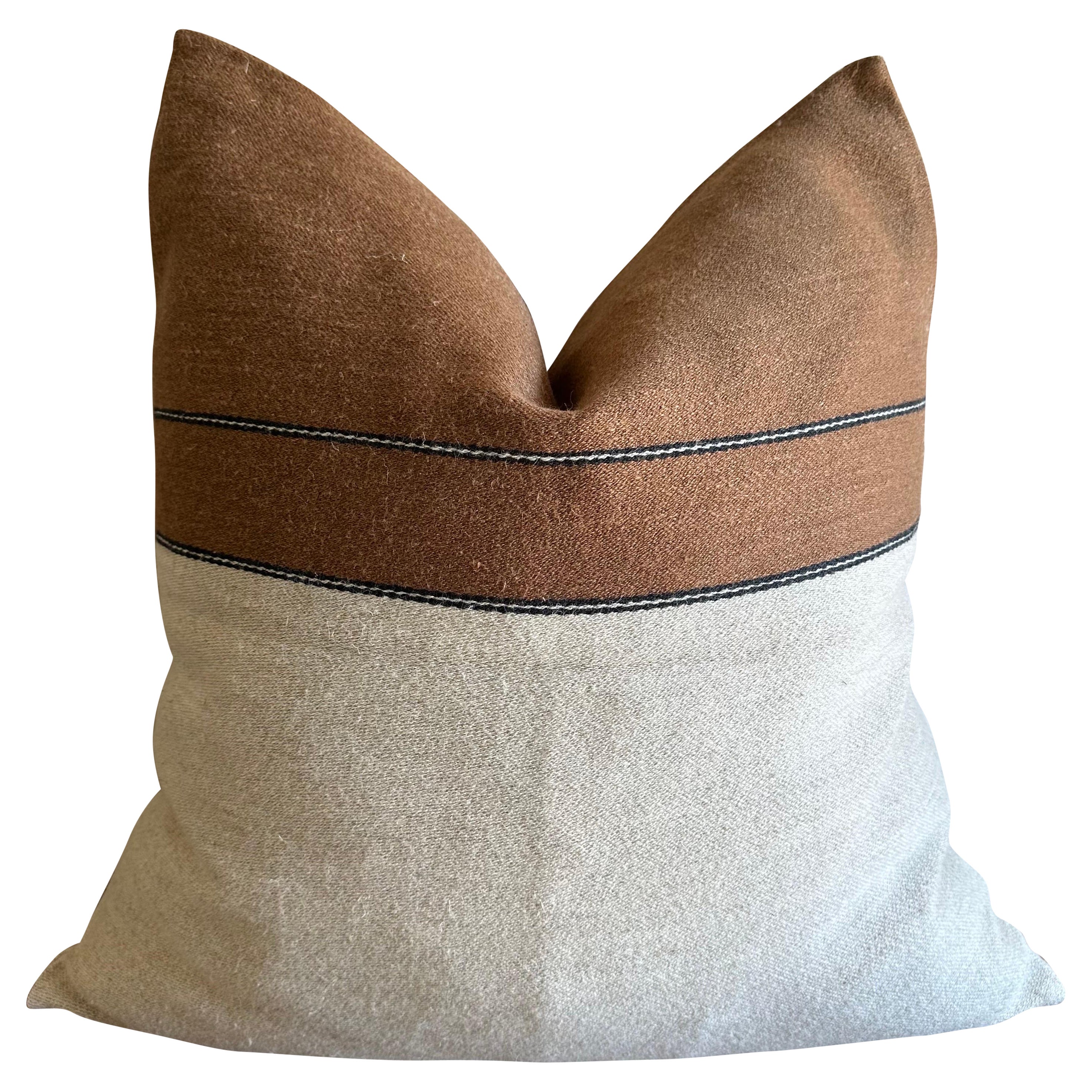 Linen and Wool Washed Pillow in Natural and Wax Brown For Sale