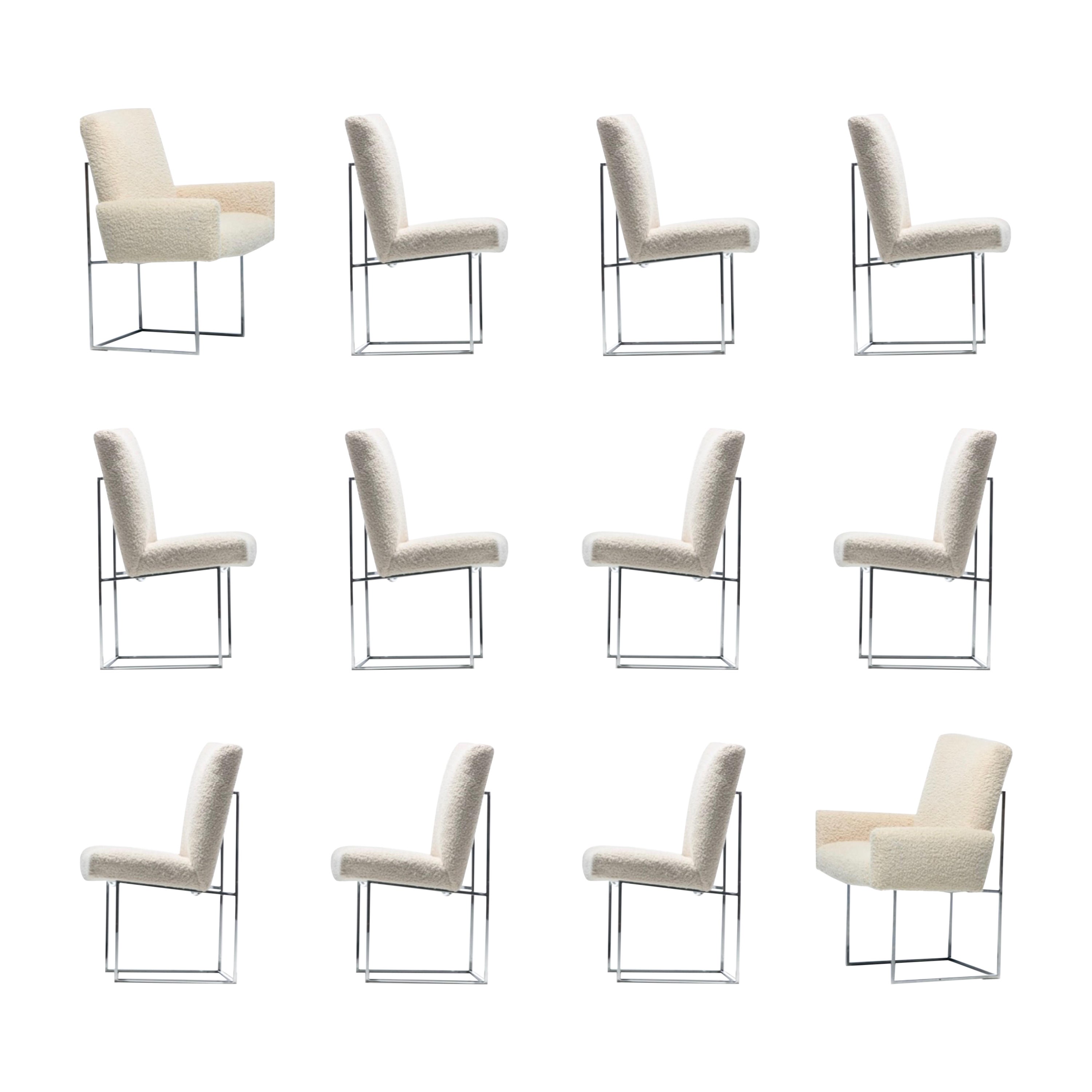 Set of Twelve Milo Baughman for Thayer Coggin Dining Chairs in Lux Ivory Bouclé For Sale