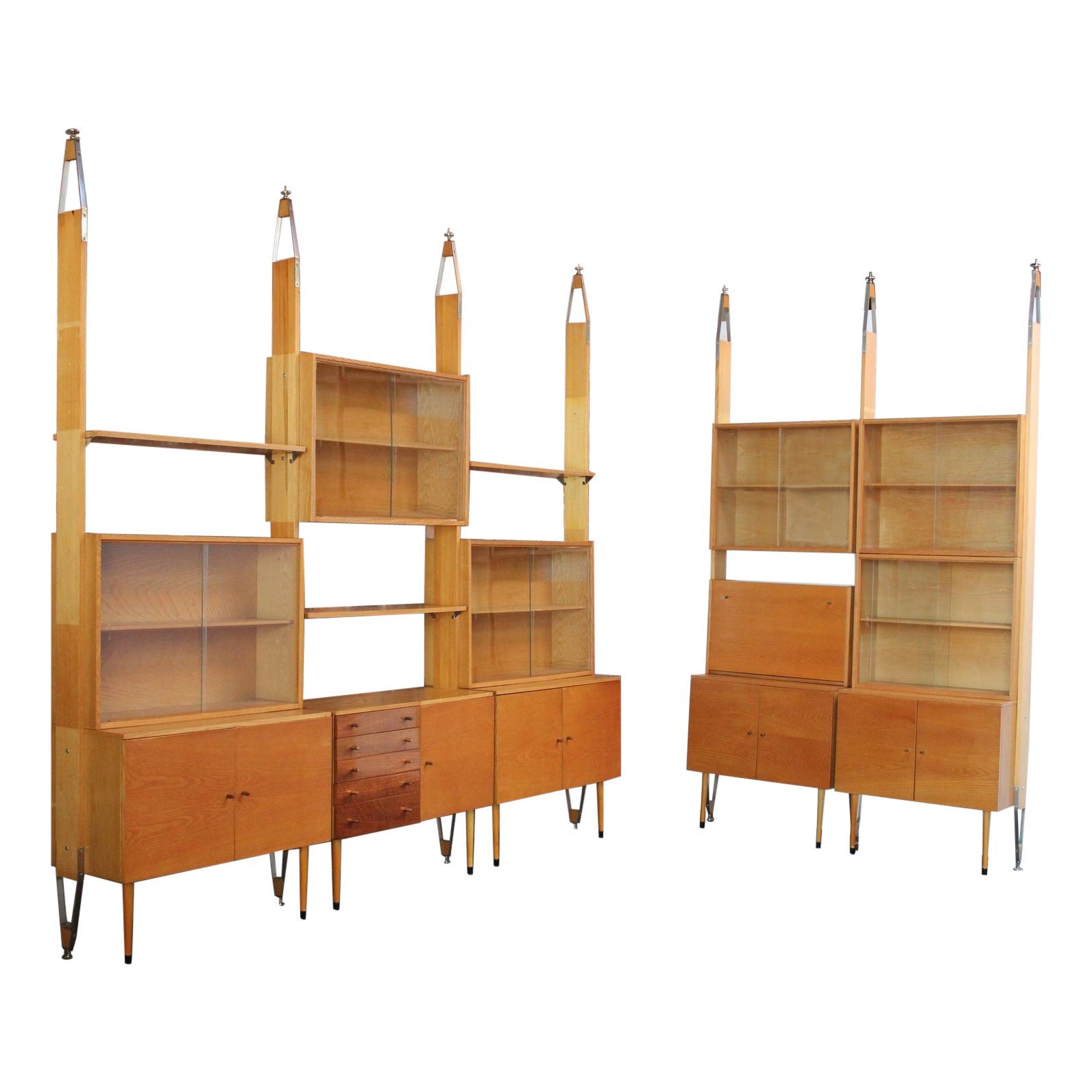 Large Czechoslovakian Modernist Oak and Walnut Freestanding Wall Unit by Jitona For Sale