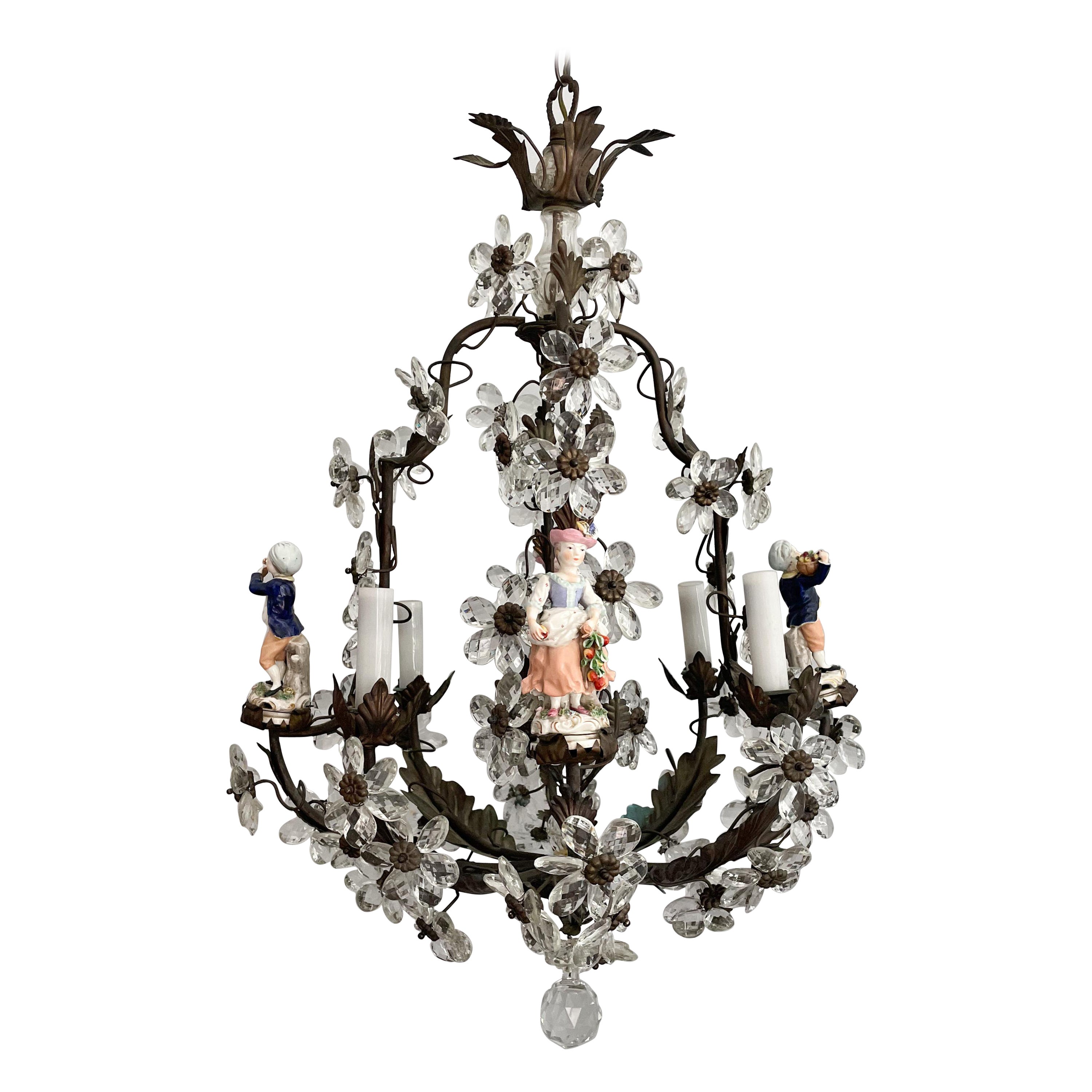 French Bronze Crystal and Porcelain Chandelier For Sale