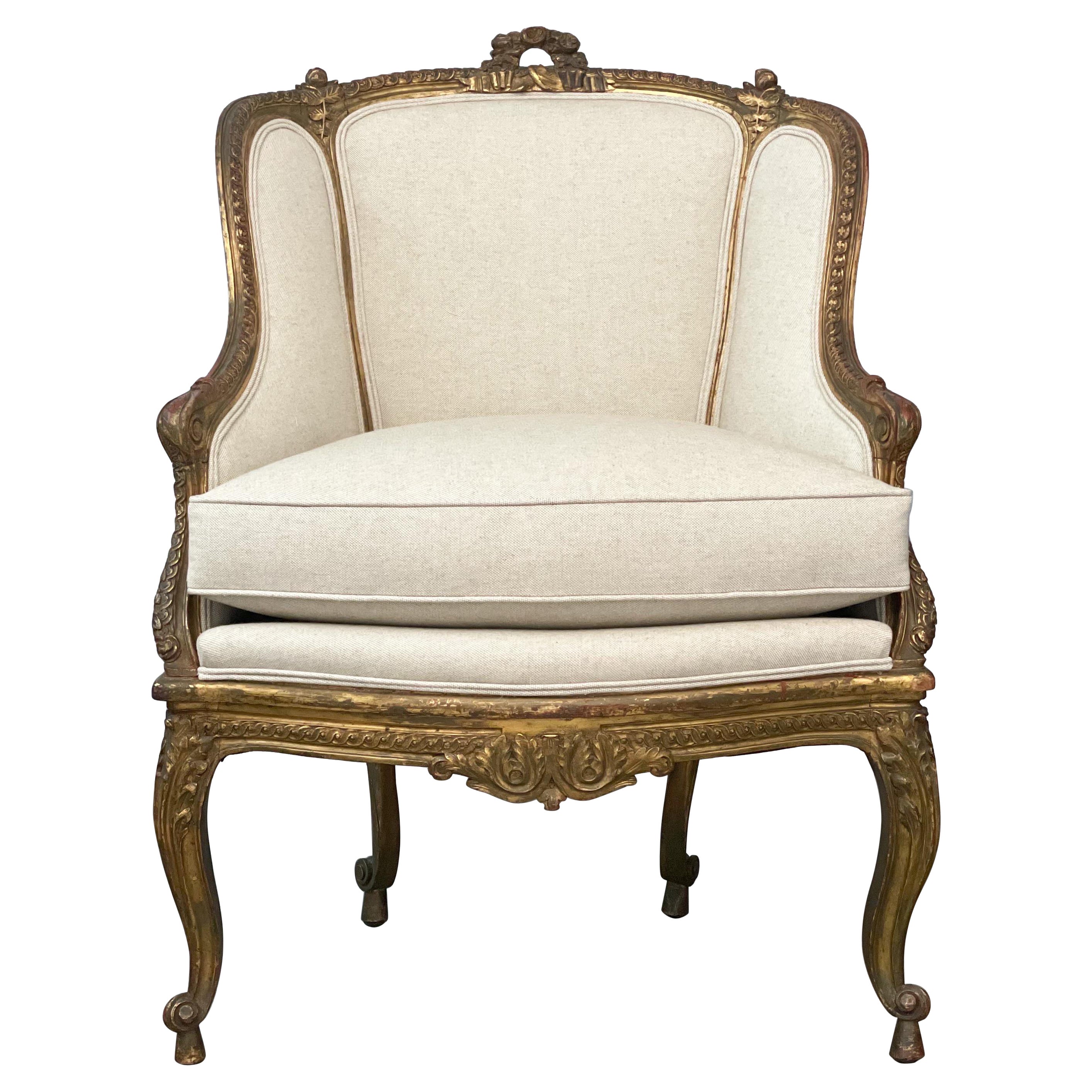 French Louis XV-Style Giltwood Armchair 
