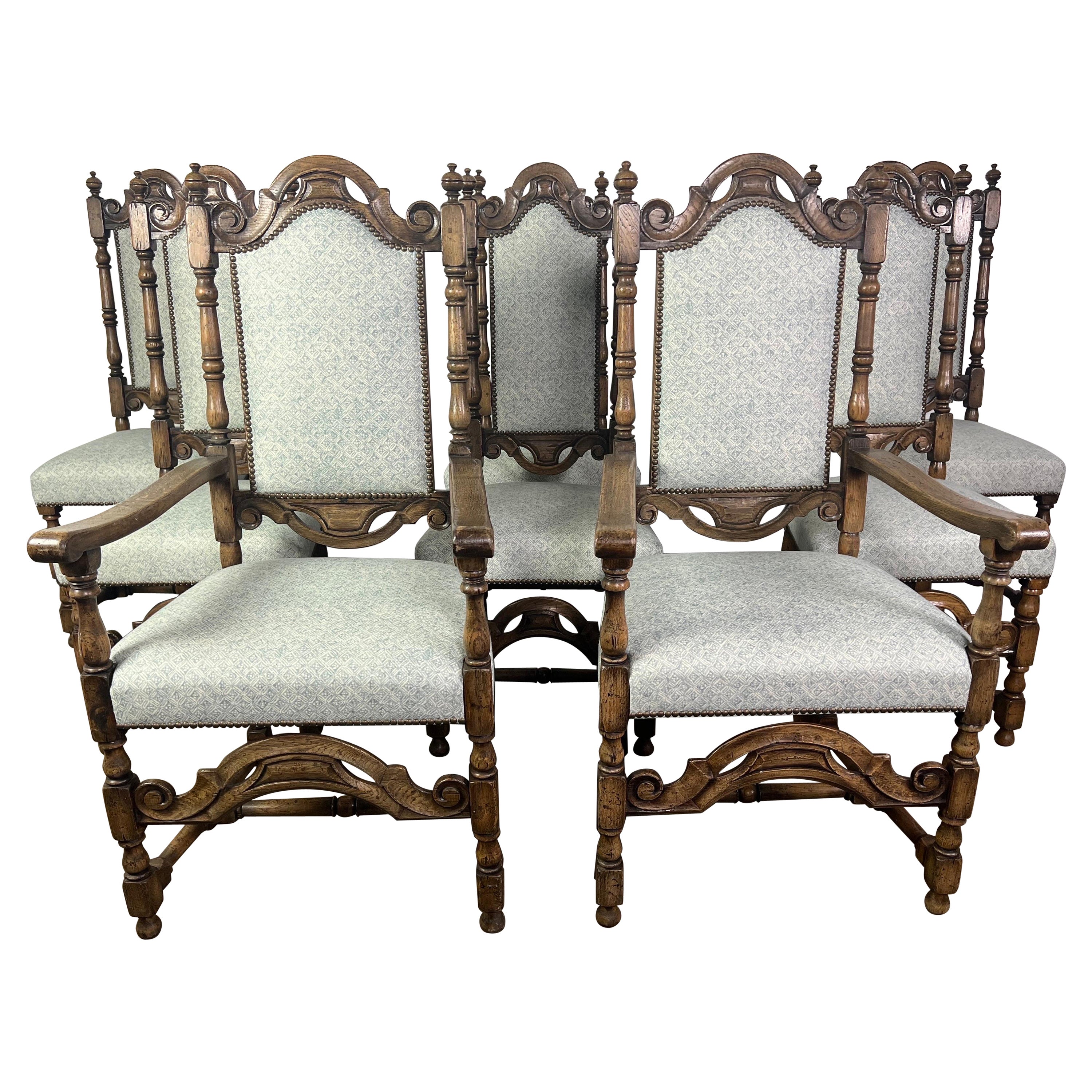 Ensemble de 8 chaises de salle à manger anglaises du 19ème siècle avec tapisserie en lin