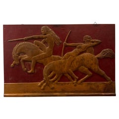 Wall Board on Wood Carved in Relief of Amazons and Warriors from the 1940s