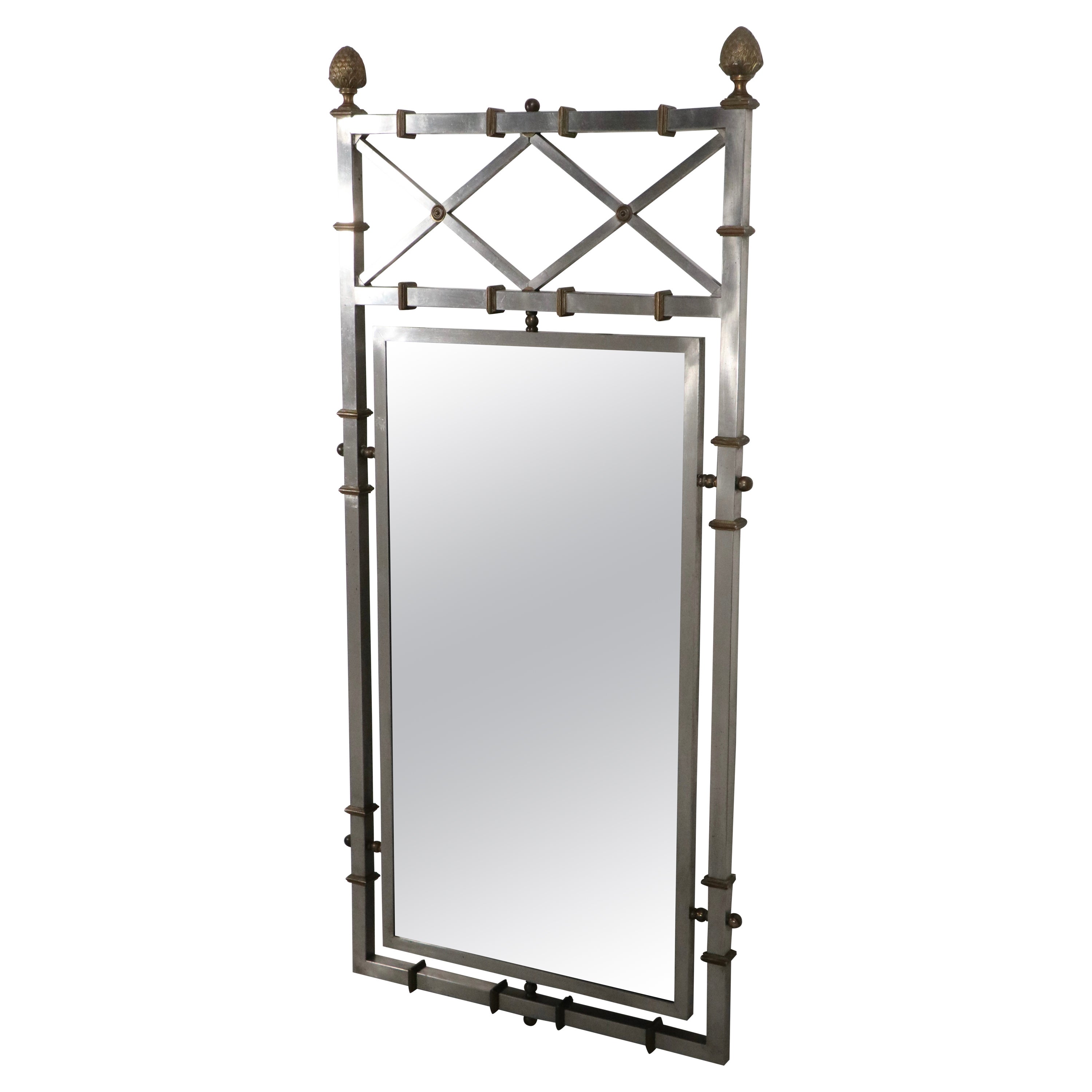 Neoclassic Hollywood Regency Steel Brass and Glass Mirror Att. to Jansen For Sale