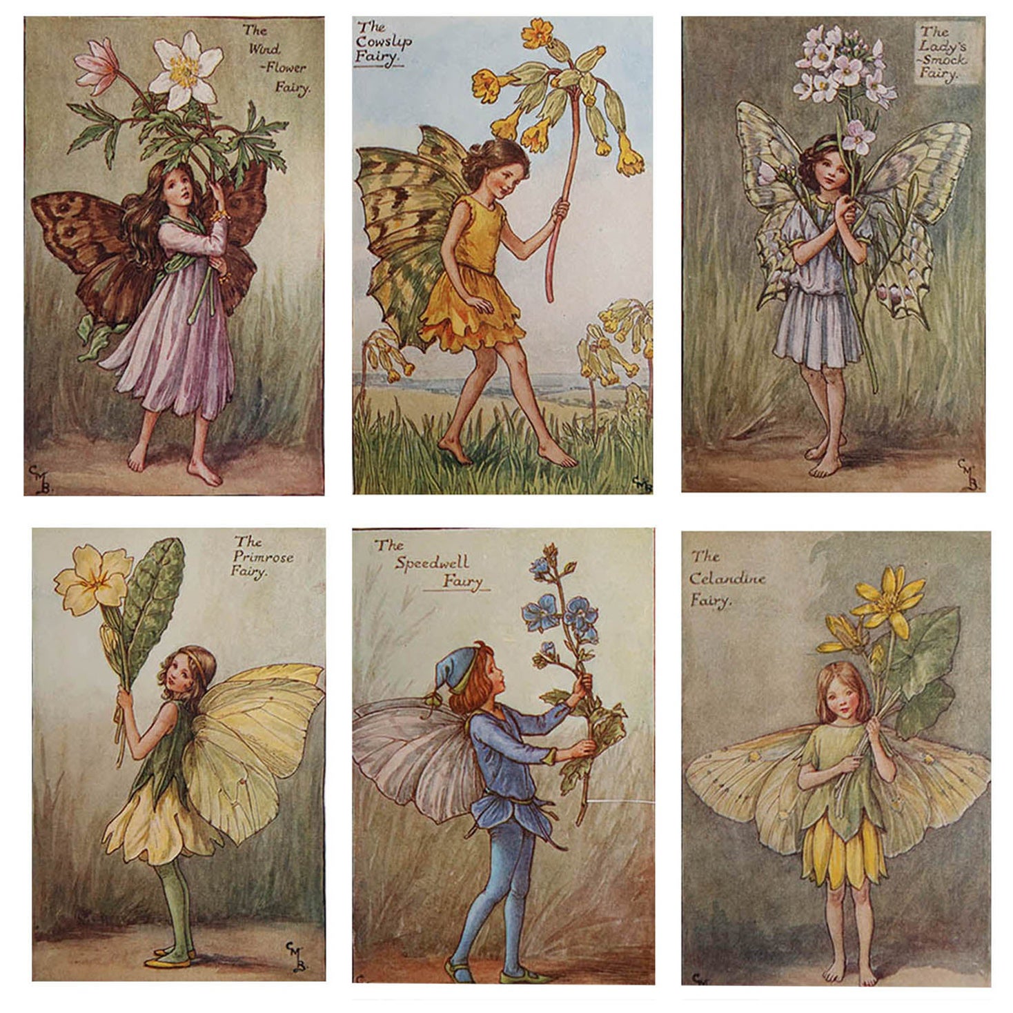 Set of 6 Original Flower Fairy Prints, circa 1920