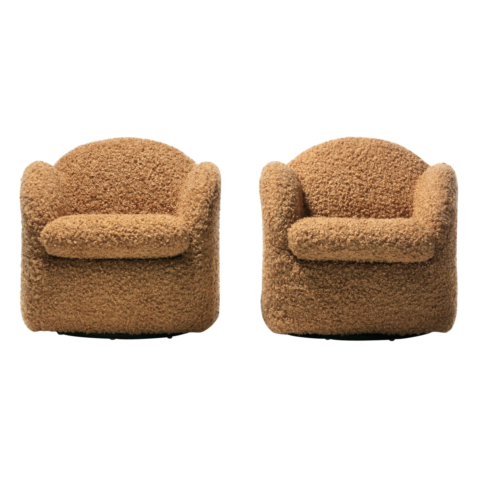 Pair of Directional Post Modern Swivel Chairs in Soft Camel Teddy Bear Fabric