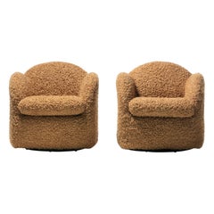 Pair of Directional Post Modern Swivel Chairs in Soft Camel Teddy Bear Fabric