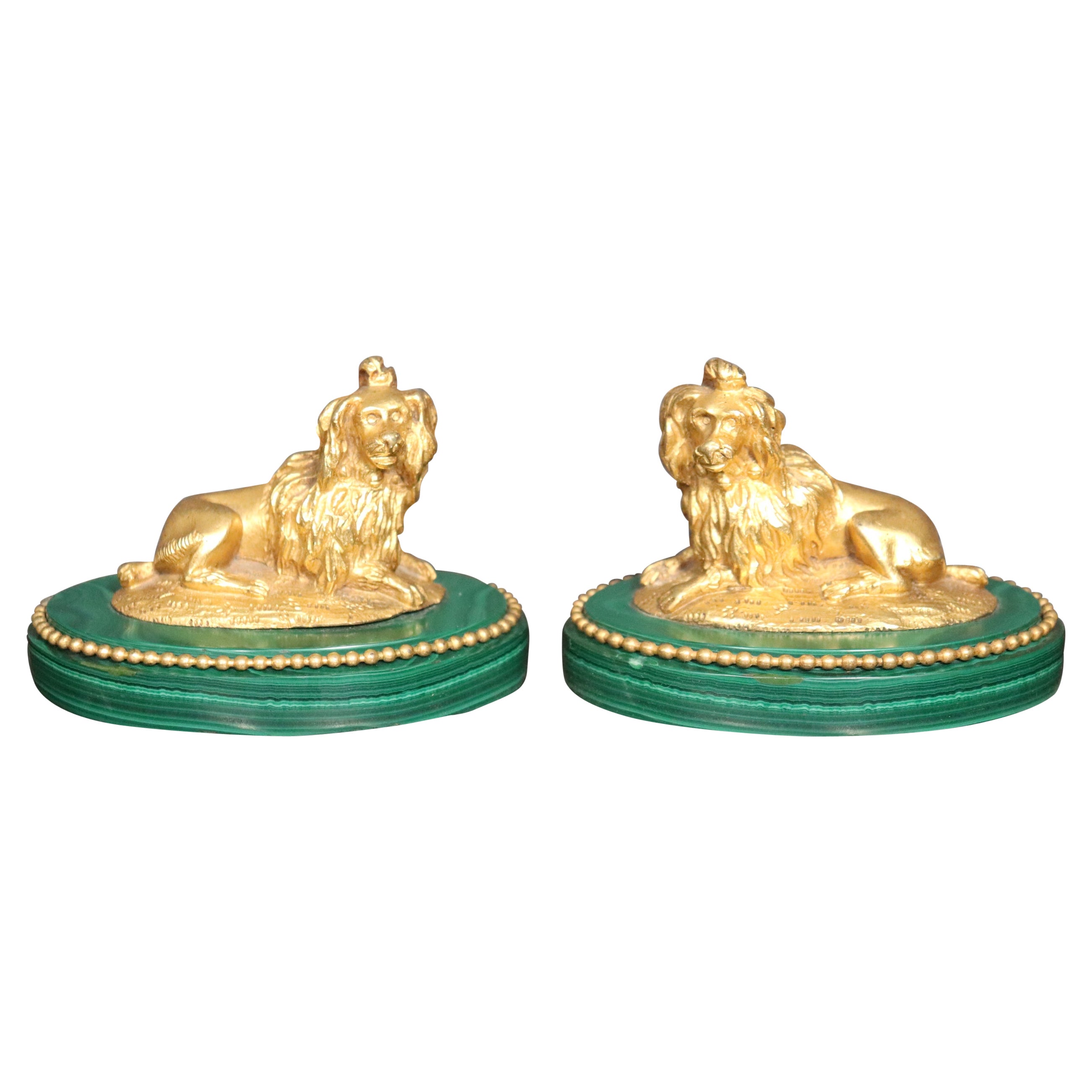 Pair of French Louis XV Style Doré Bronze Dogs on Malachite Plinths For Sale