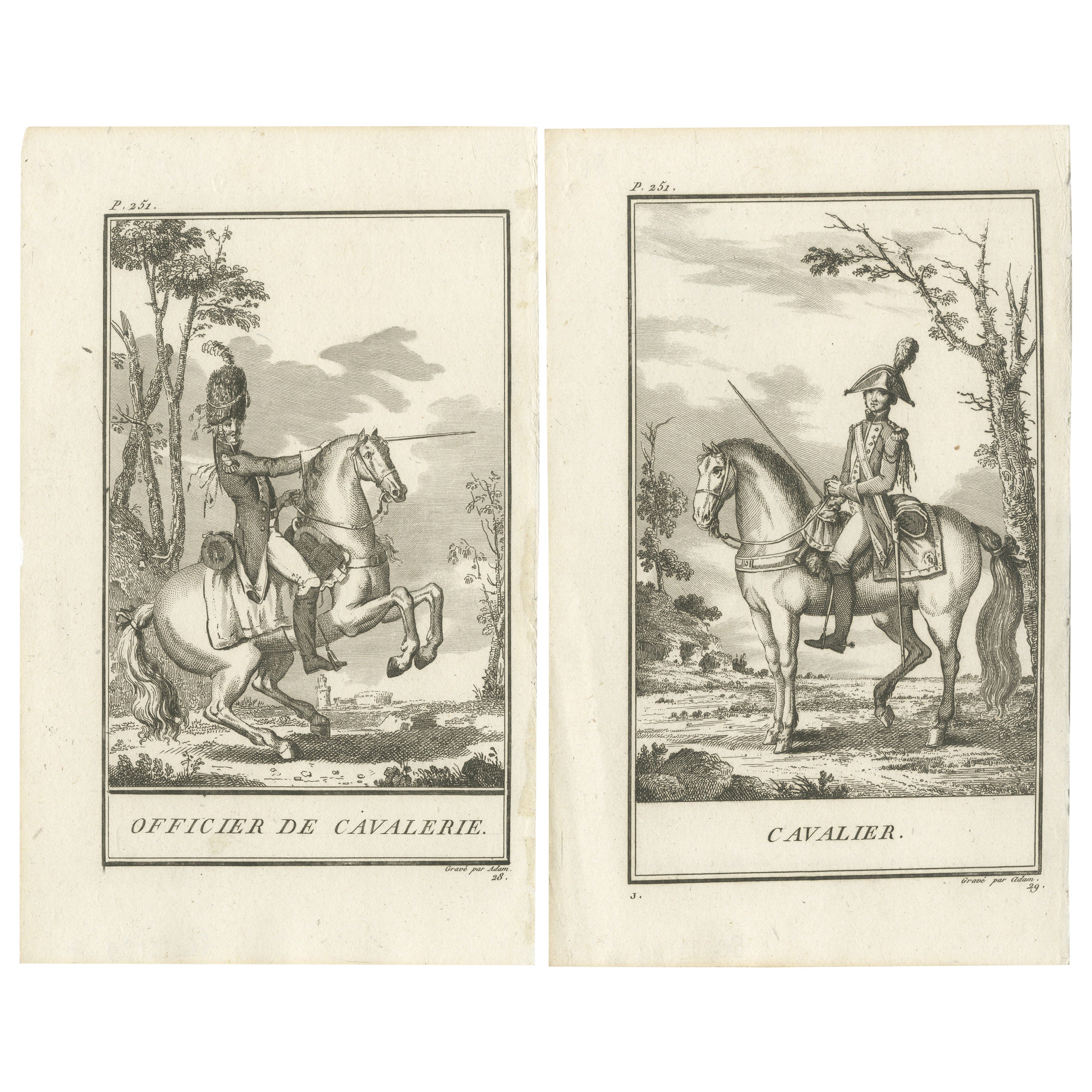 Ensemble de 2 estampes anciennes d'équitation de chevaux - officier de cavalerie - soldat de cavalerie