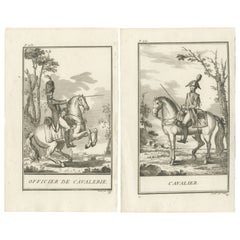 Ensemble de 2 estampes anciennes d'équitation de chevaux - officier de cavalerie - soldat de cavalerie