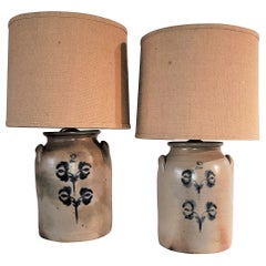 19th Century Decorated Salt Glaze Crock Lamps-Pair