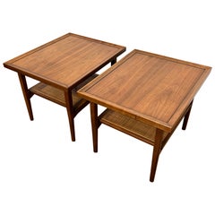 Pair of Side Tables in Walnut with Cane Undershelves by Kipp Stewart for Drexel
