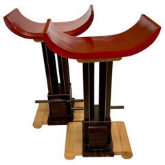 Pair of Art Deco Curule Bar Stools with Different Woods, Belgium 1970