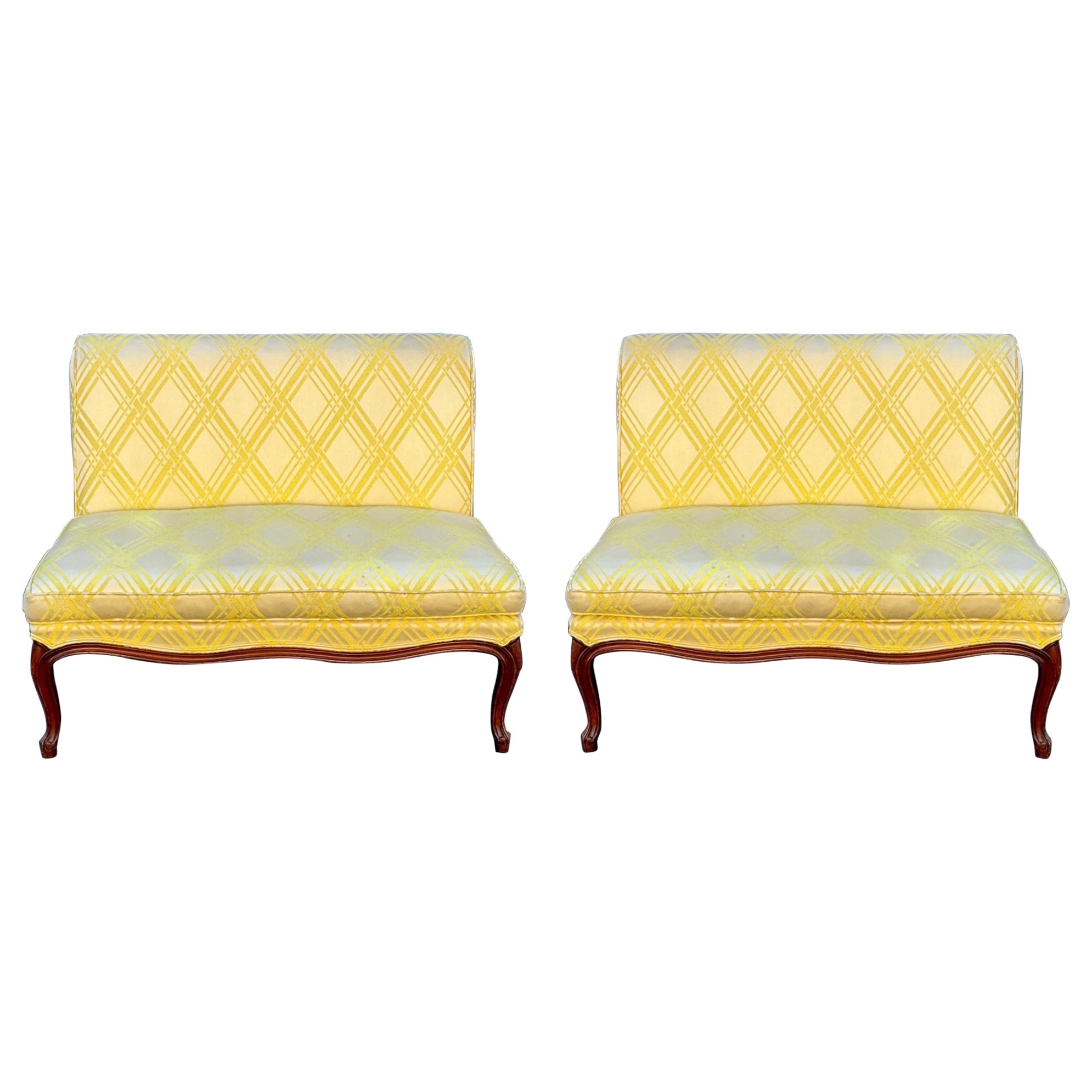 Midcentury French Provincial Style Settees in Regency Yellow, Pair For Sale