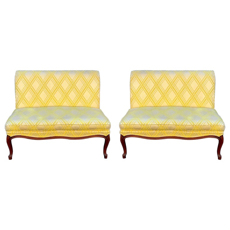 Midcentury French Provincial Style Settees in Regency Yellow, Pair For