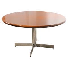 Mid Century Dining Conference Table with Round Solid Walnut Top on Chrome Base