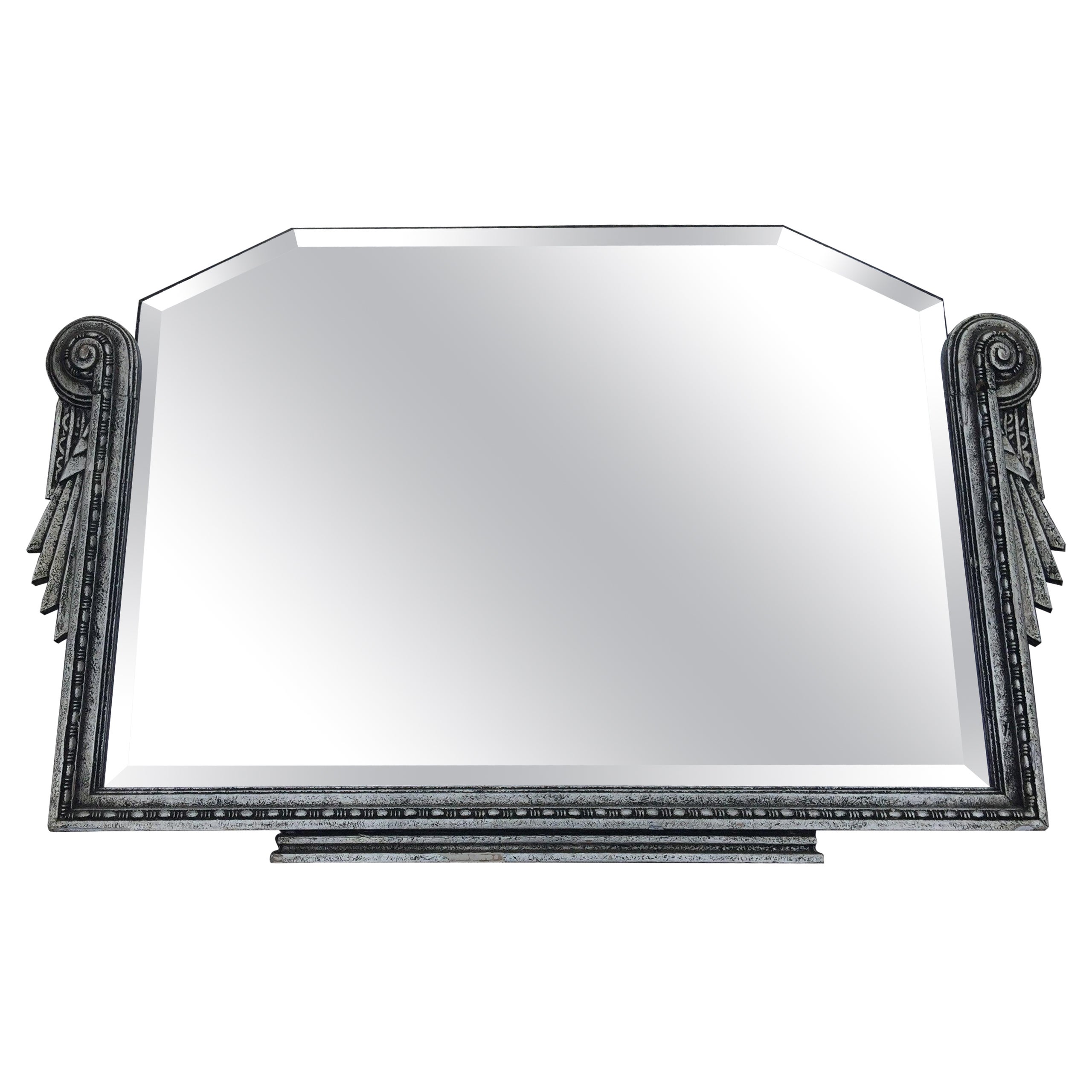 Art Deco Period Mirror in Carved and Silvered Wood, Around 1930, Good Condition For Sale