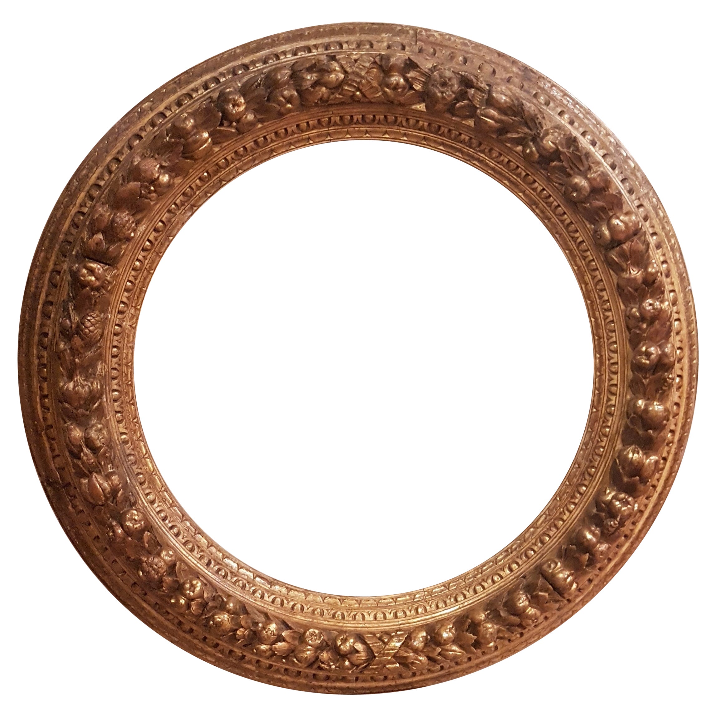 Italian Florentine Round Frame Hand Carved Pure Gold Leaf Dellarobbia Style For Sale