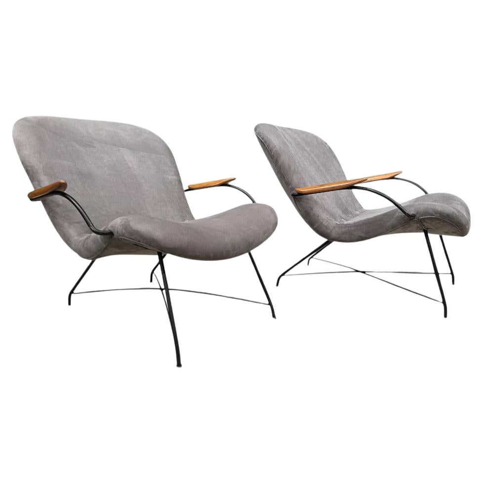 Brazilian Modern Armchairs in Fabric, Hardwood & Metal, Carlo Hauner, 1950s