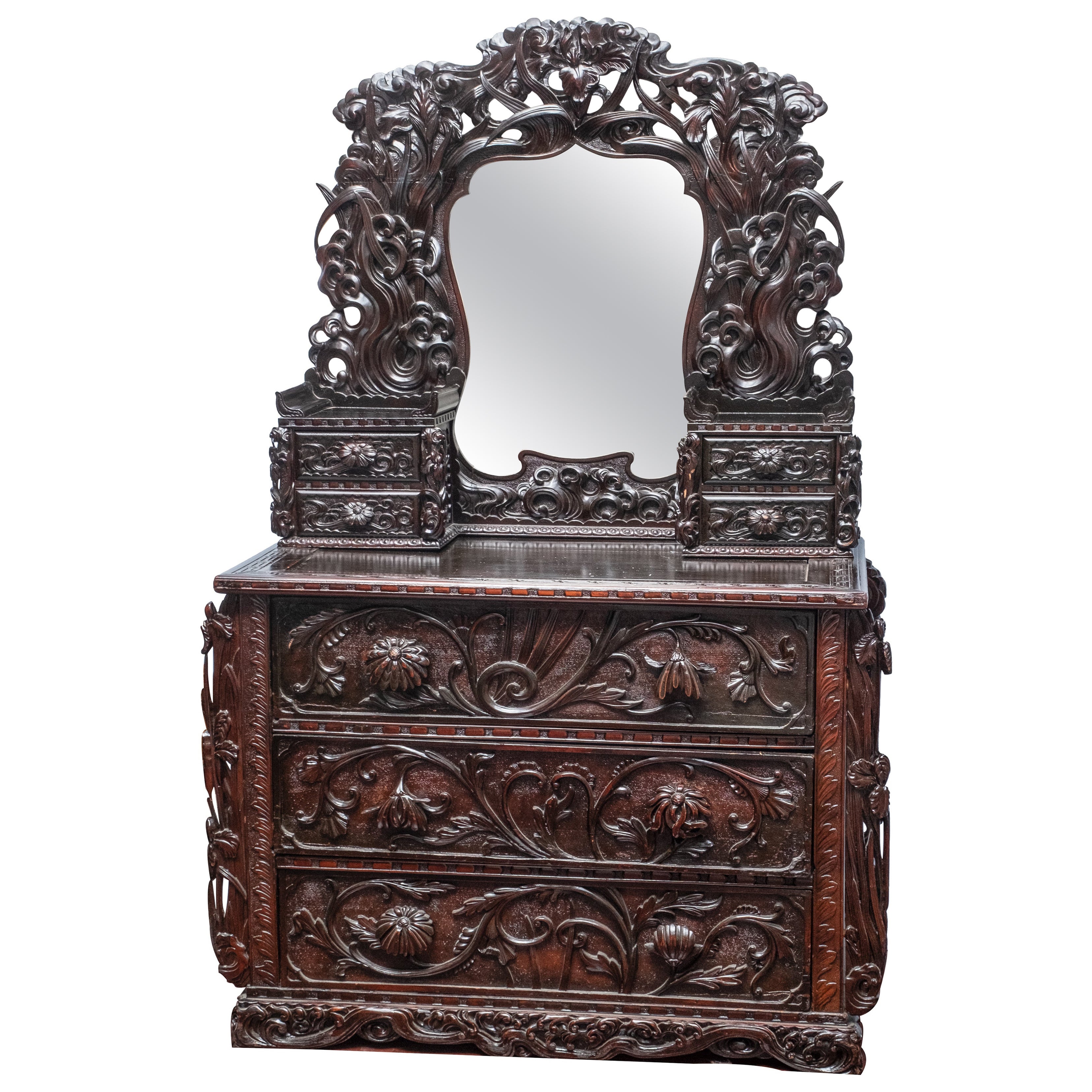Art Nouveau Carved and Ebonized Mirrored Dresser