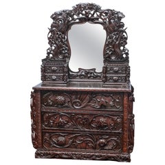 Antique Art Nouveau Carved and Ebonized Mirrored Dresser
