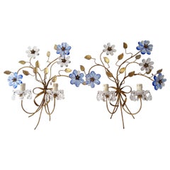 Antique Blue & Clear Flower Maison Baguès Crystal Flower Bow Sconces Signed, circa 1920