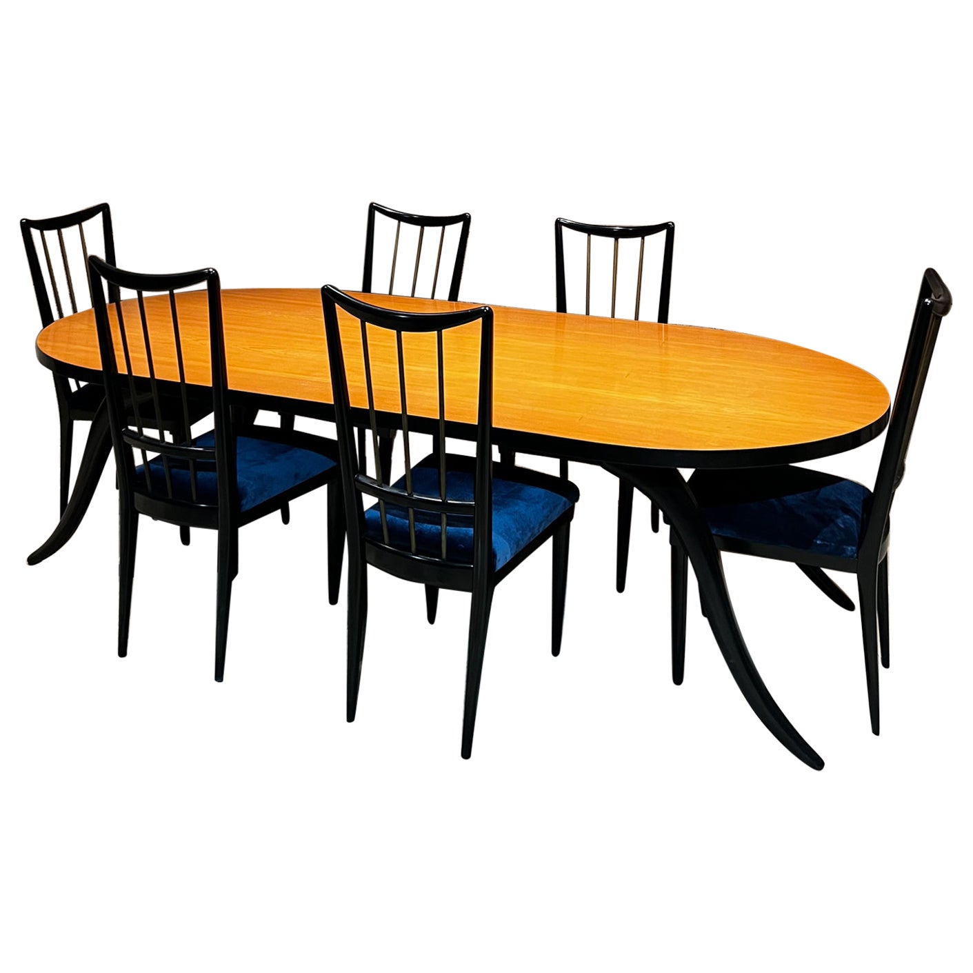 1950s Eugenio Escudero Ebonized Mahogany Dining Set + Six Velvet Chairs Mexico For Sale