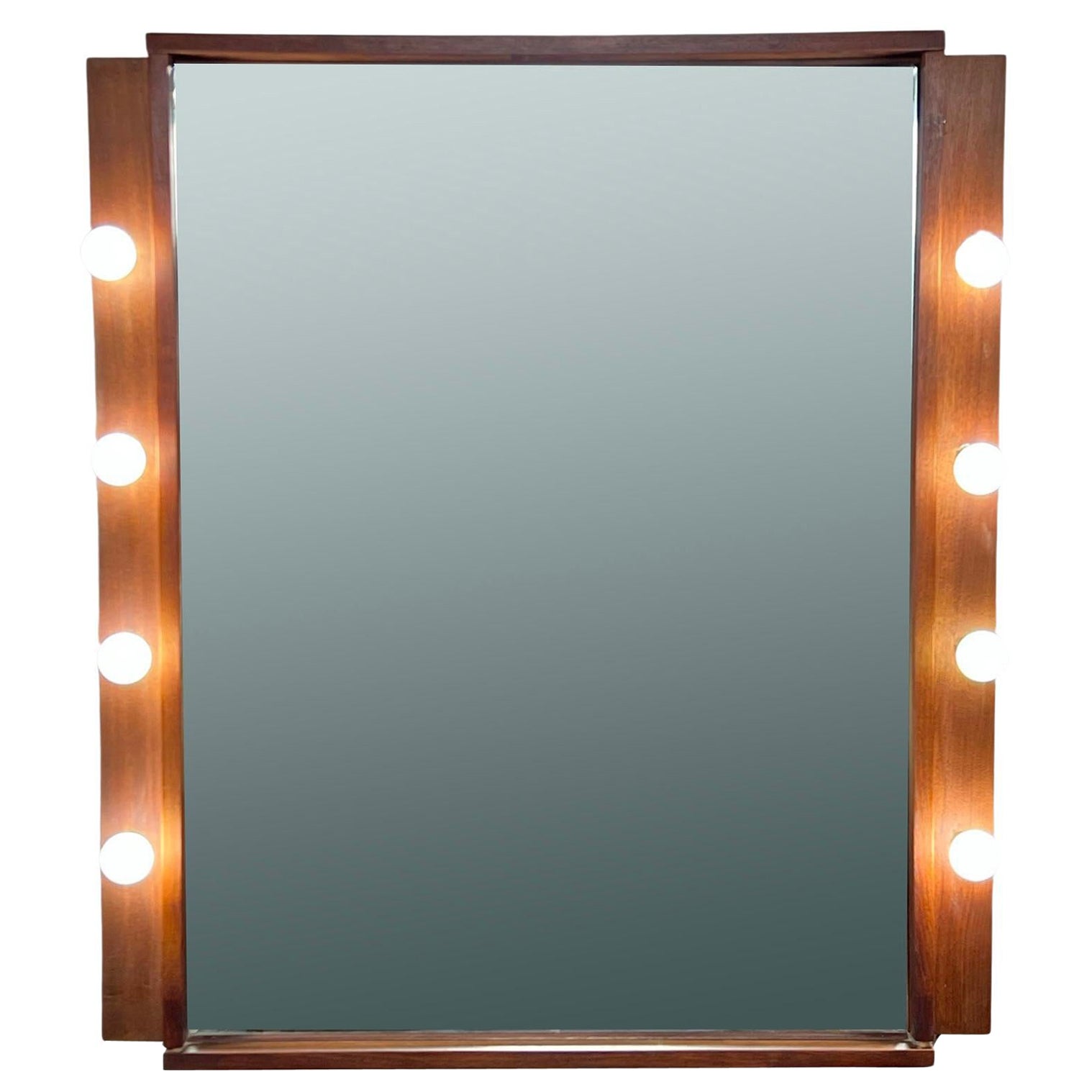 Craft Made Walnut Wall Mirror with Lighted Vanity Surround, circa 1960s For Sale