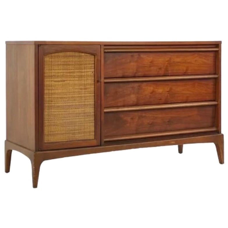 Vintage Mid-Century Modern Walnut Credenza Dovetail Drawers Reversible Cane Door For Sale