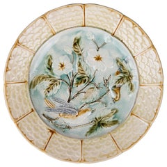 Antique Belgian Majolica Birds & Flowers Plate, Nimy Les Mons, circa 1890