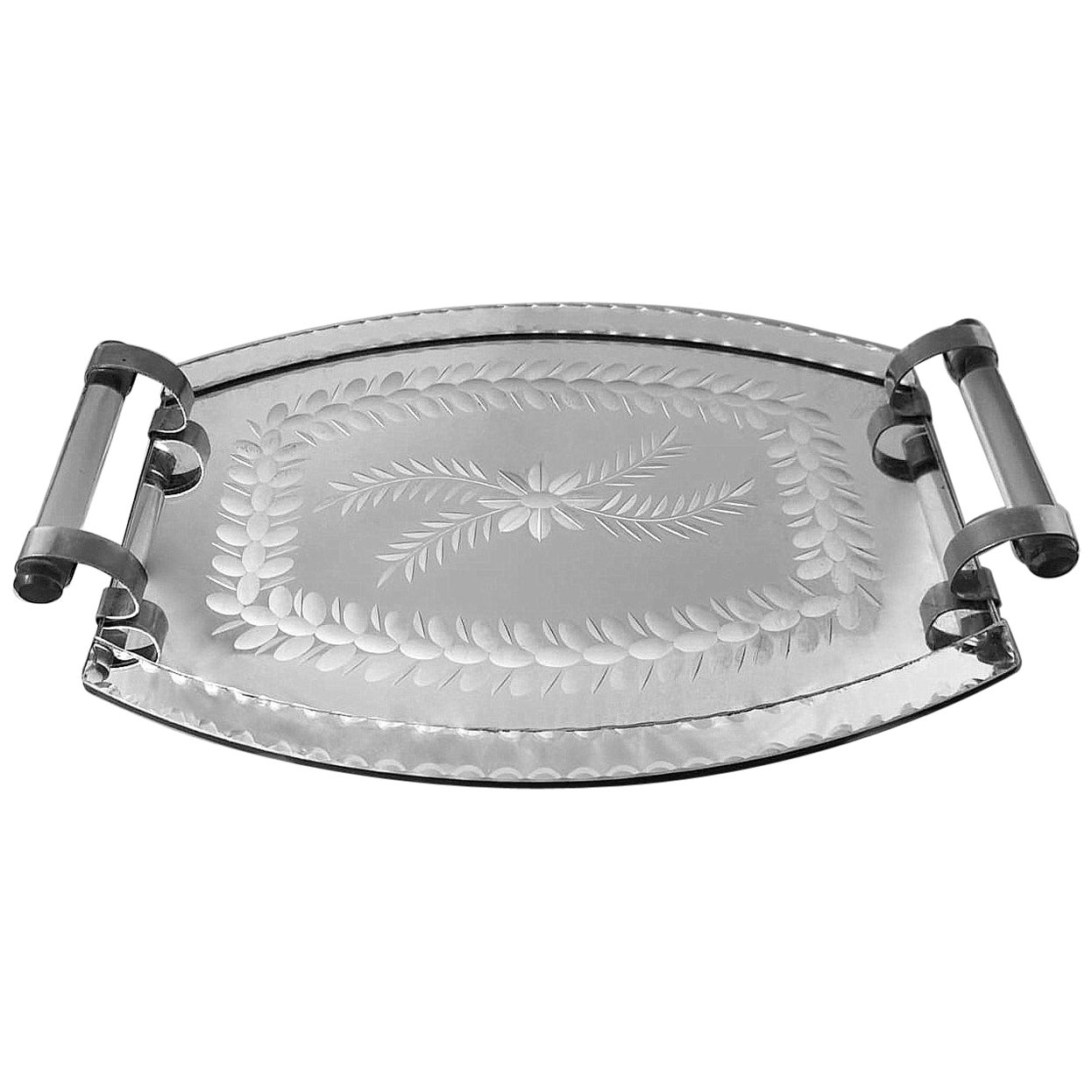 Vintage French Vanity Tray with Engraved and Ground Mirror For Sale