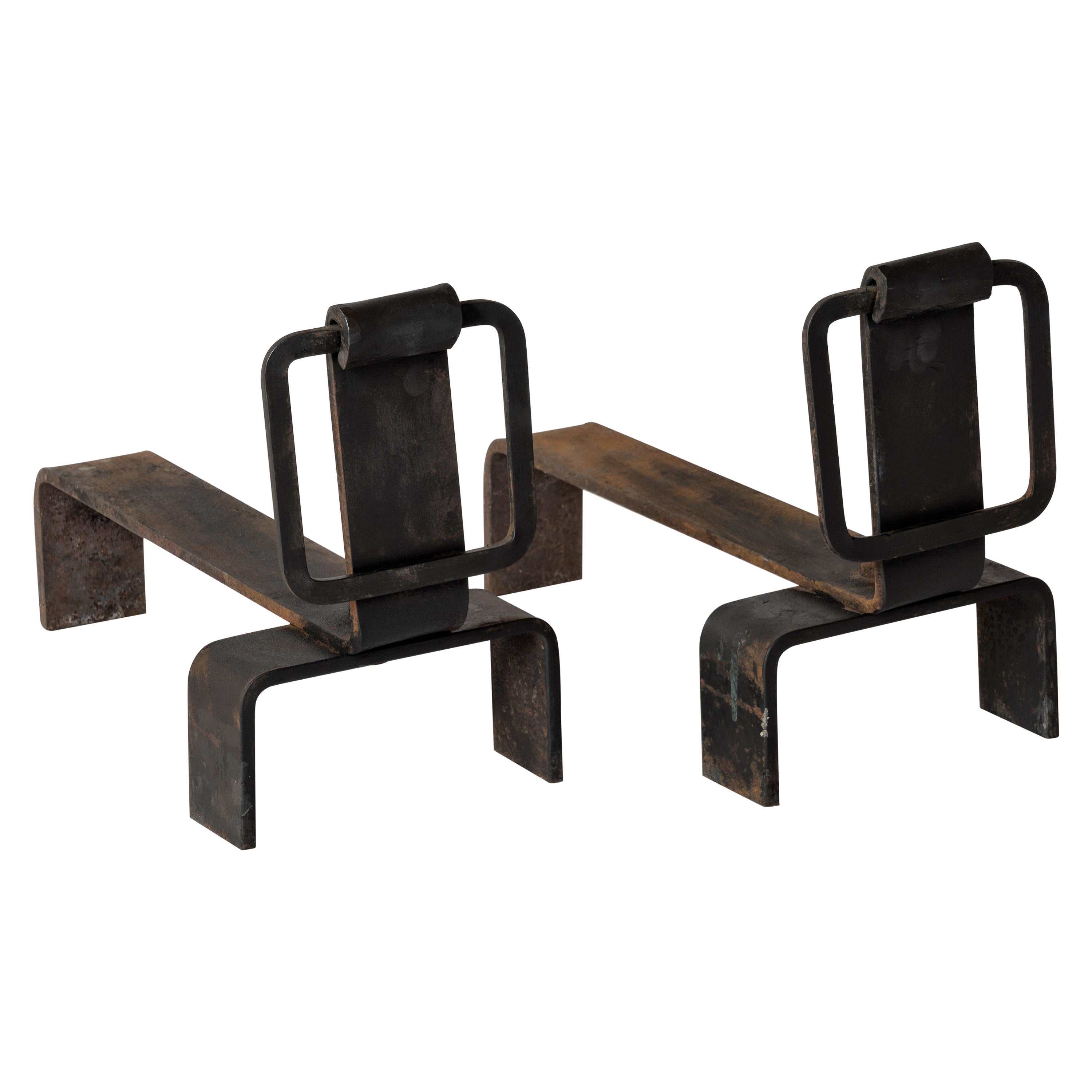 Pair of Brutalist Steel Andirons, France, 1970s For Sale