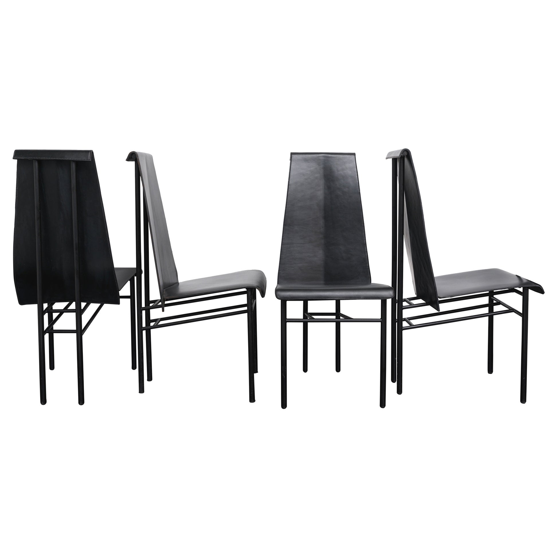 Set of Six Italian Arper Modern Leather Chrome Dining Chairs For Sale