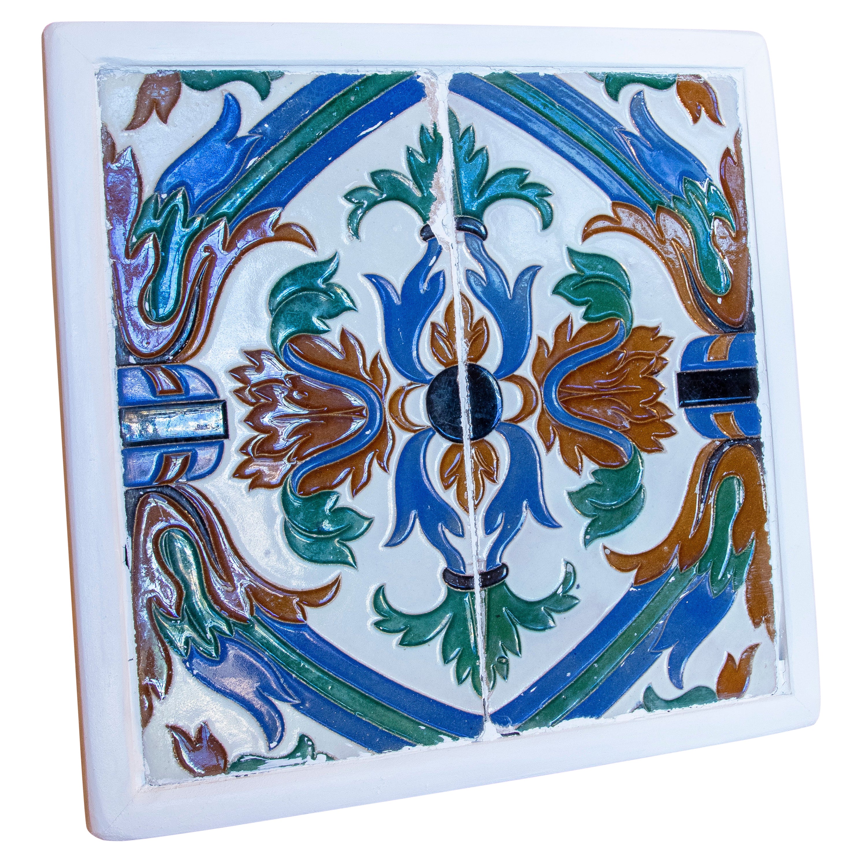1950s Spanish Decorative Tile Framed in Wood in Different Colours