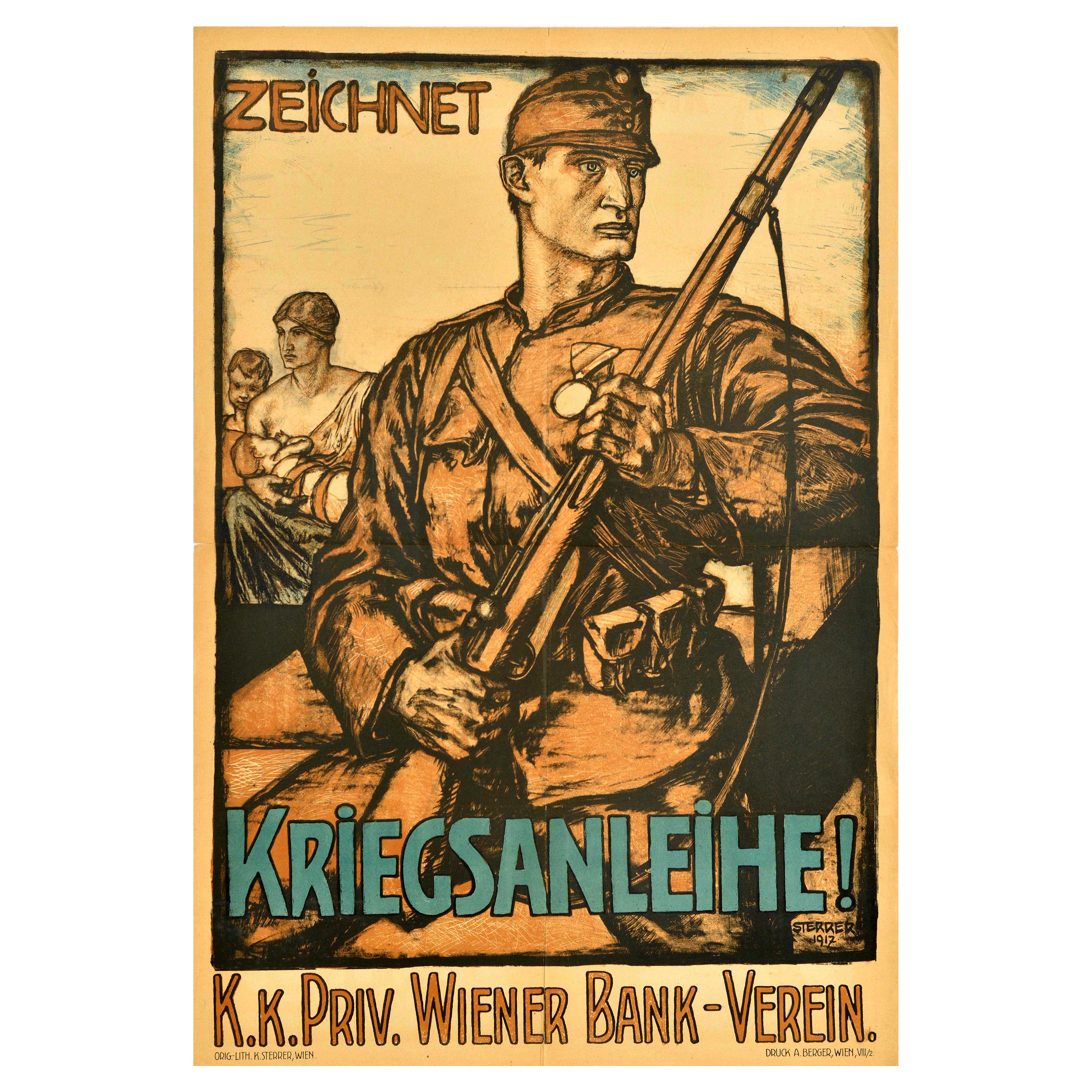 Original Antikes War Bond-Poster, Österreichische Kriegsanleihe, Wiener Bankvereinigung, WWI