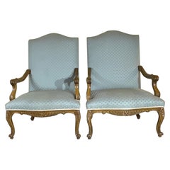 Pair of French Style Carved and Upholstered Armchairs