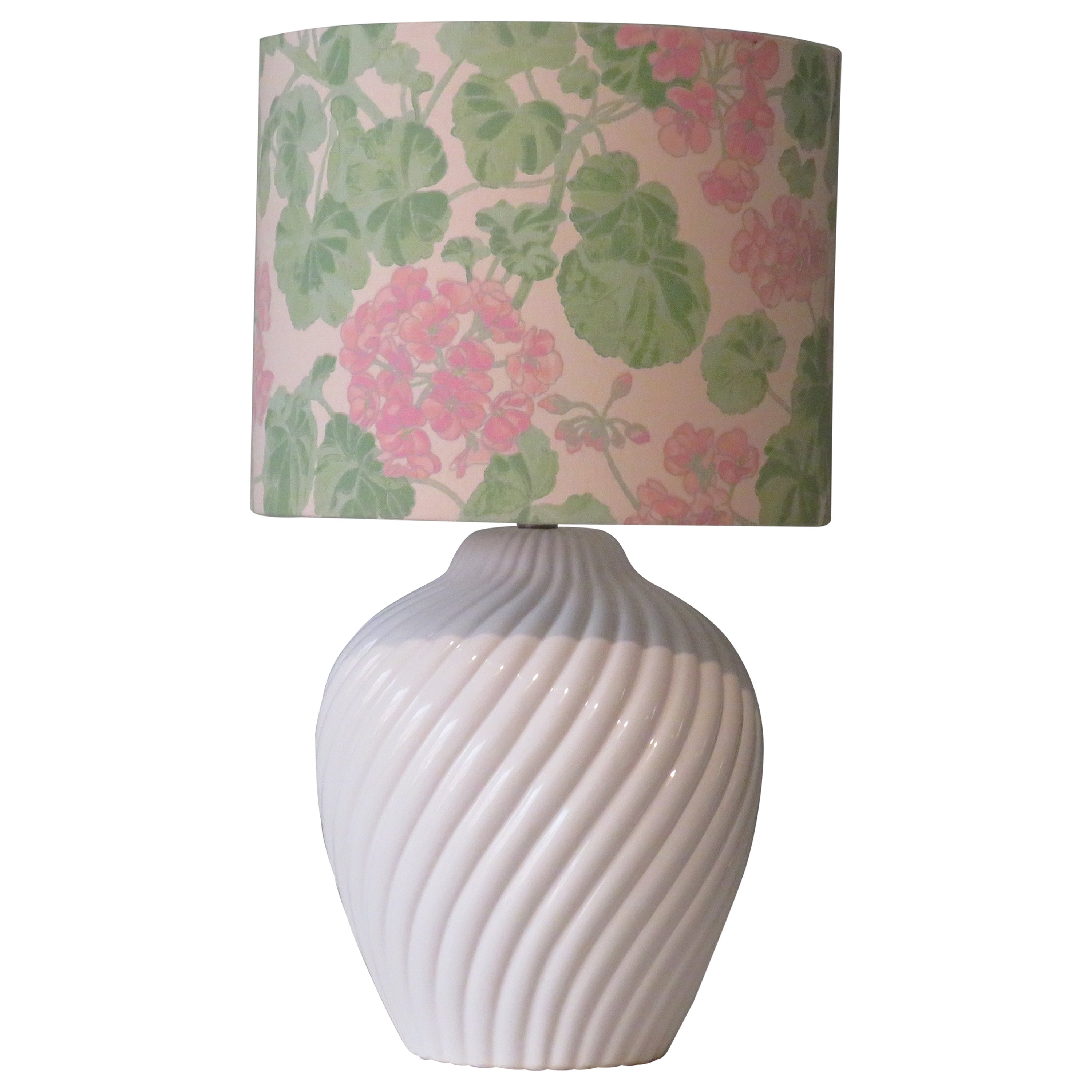 Midcentury White, Glazed and Twisted Ceramic Table Lamp with Custom Lampshade For Sale