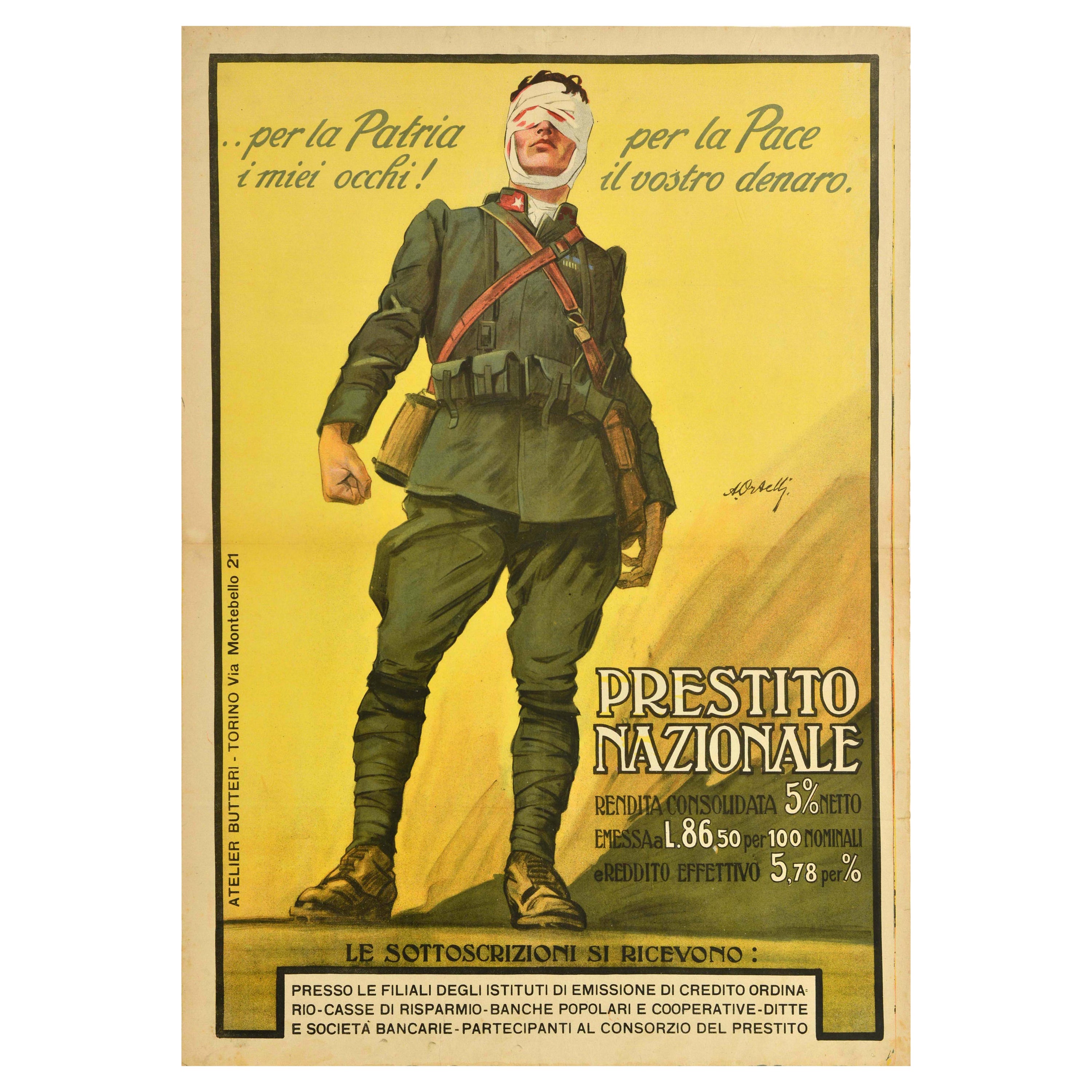 Original Antique War Bond Poster National Loan WWI Prestito Nazionale Italy Pace For Sale