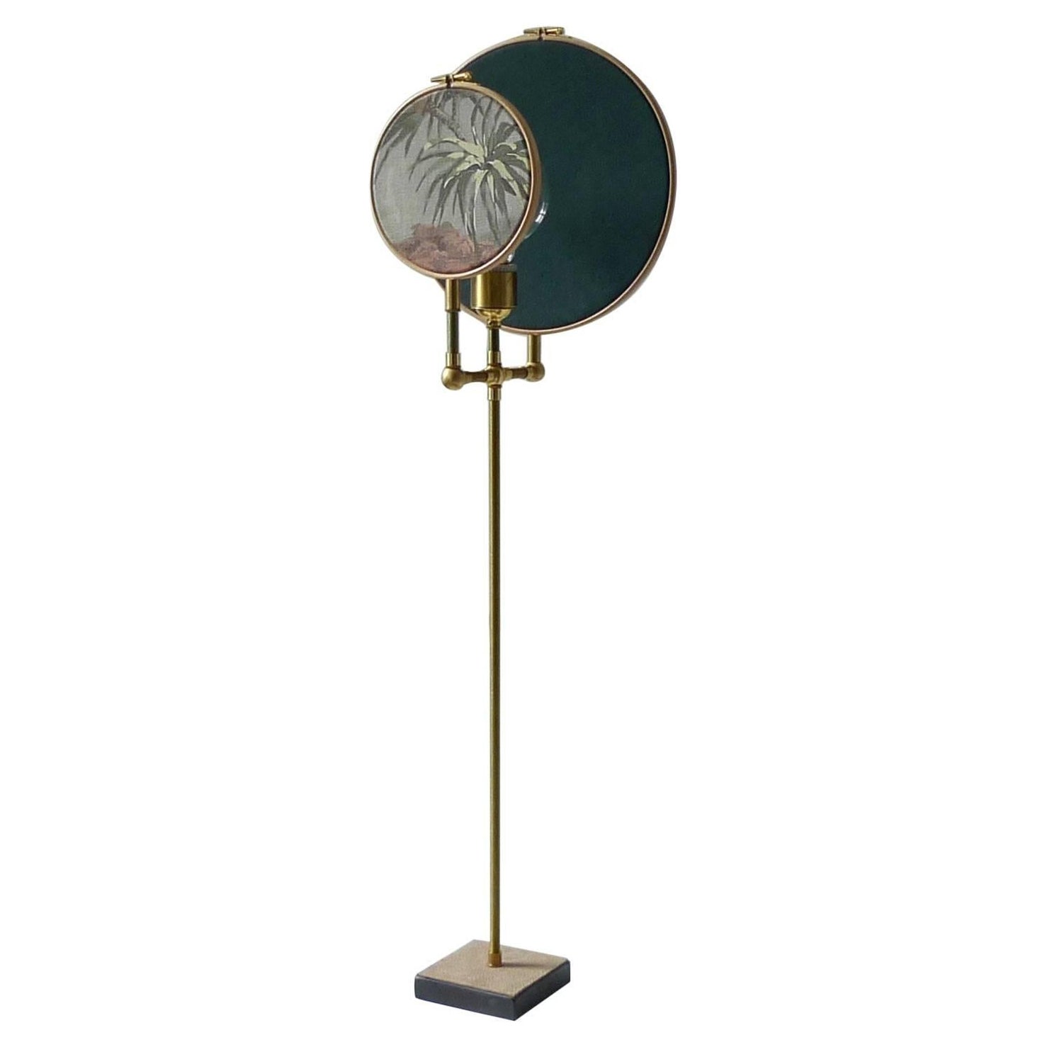 Lampe de bureau n° 15 cercle en lin bleu vert gris peint à la main par Sander Bottinga en vente