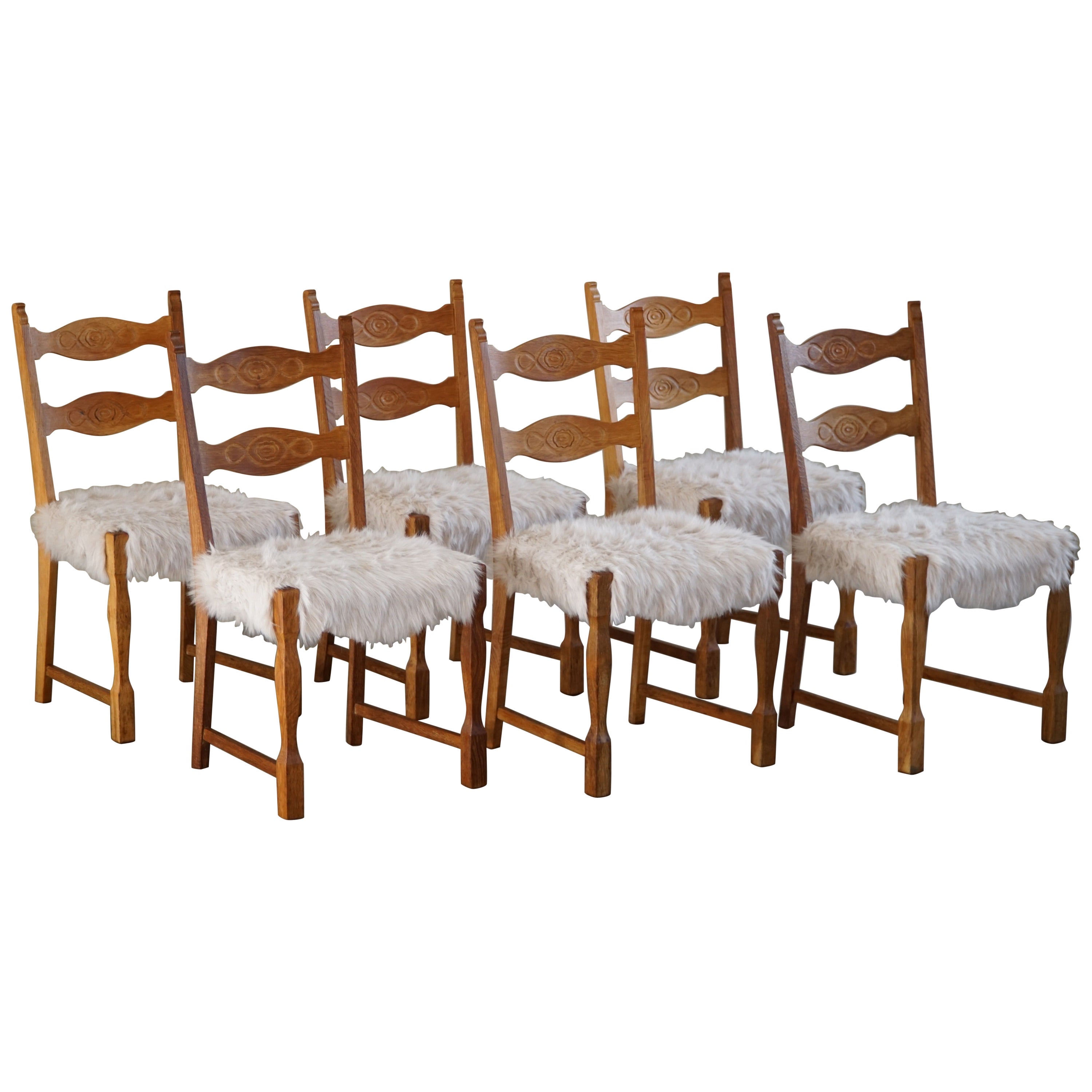 Set of 6 Chairs in Oak & Vegan Lambswool, Danish Modern, Henning Kjærnulf, 1960s