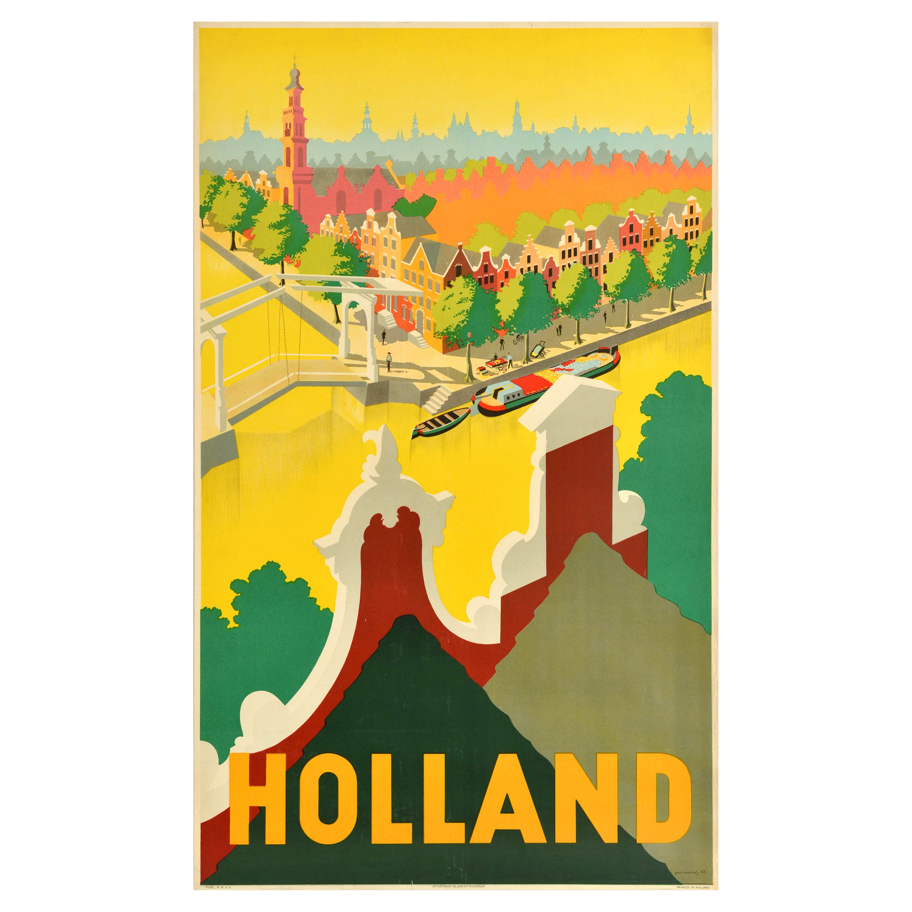 Affiche rétro originale de voyage, Holland River Canal, Maisons néerlandaises, Pays-Bas