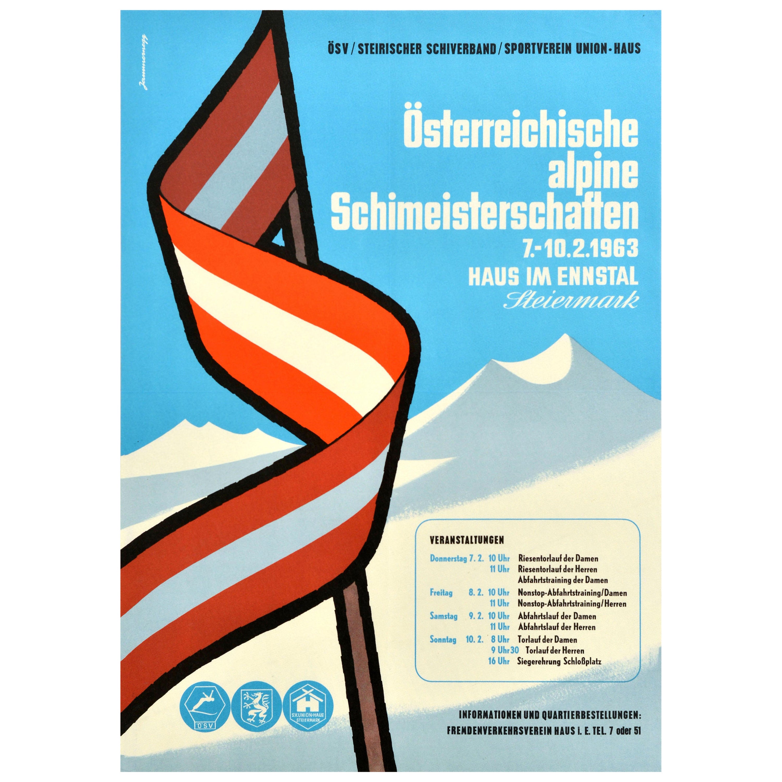 Original Vintage Sports Poster Austrian Alpine Ski Championships Haus Im Ennstal